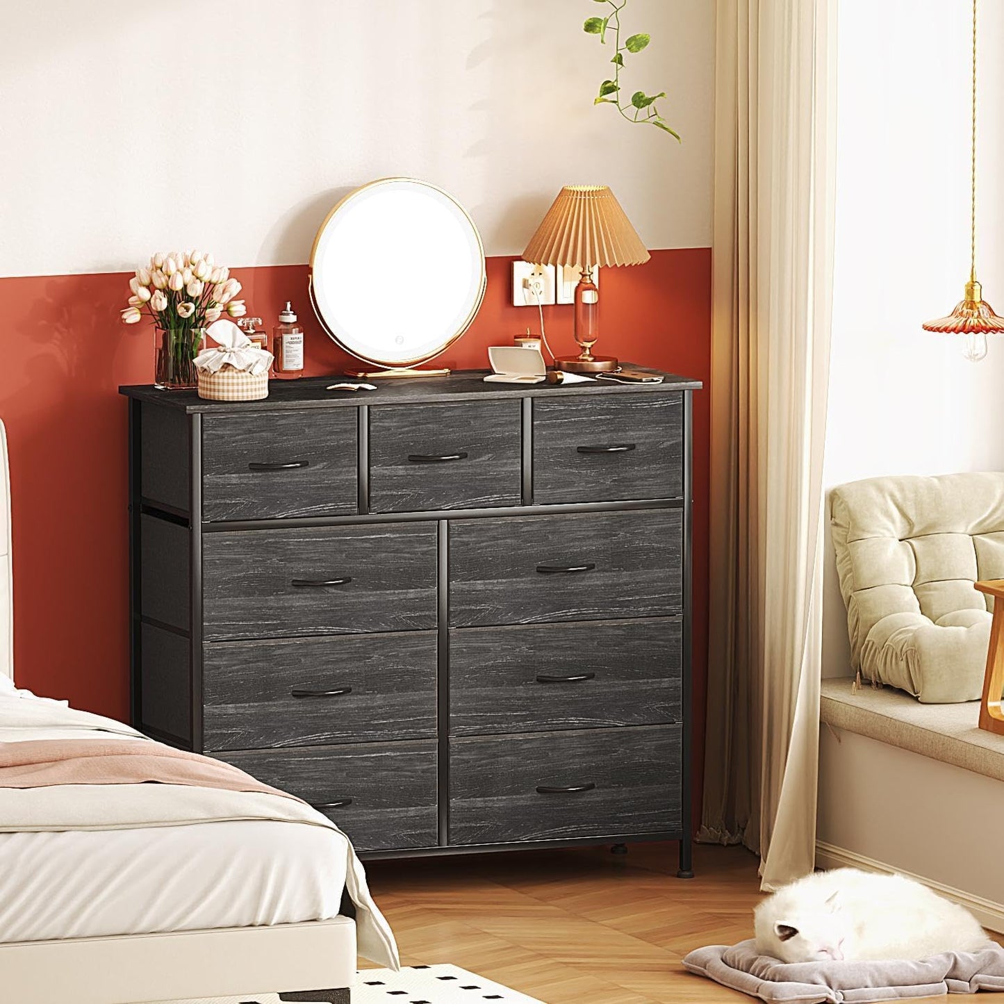 CAIYUN Chest of Drawers with 9 Drawers, Fabric Storage Dresser for Bedroom, Tall Drawer Organizer Unit for Entryway, Hallway,Charcoal Black