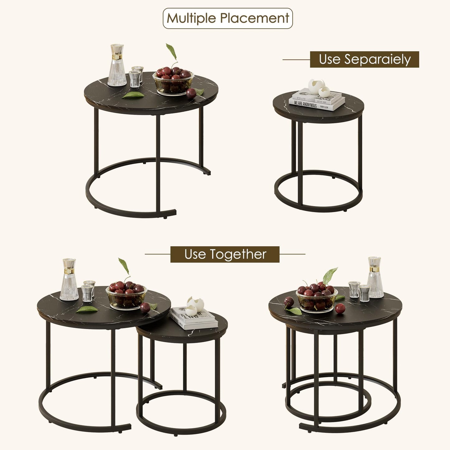 HEYZOEY Round Coffee Tables, Removable Set of 2 End Table, Nesting Tables with Metal Frame Legs and Black Top for Living Room, Bedroom, Office