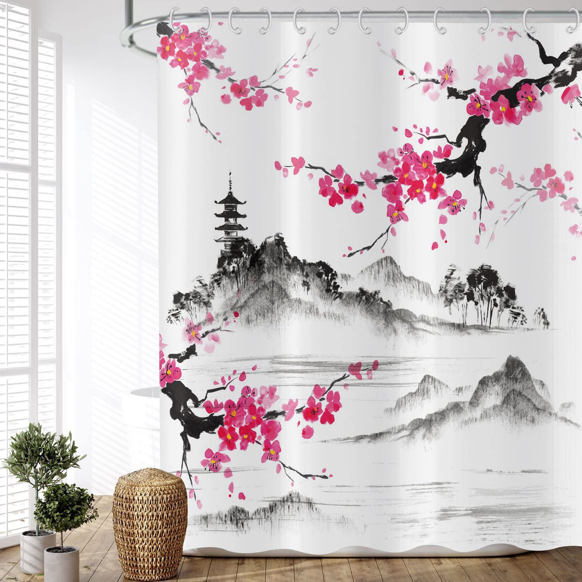 ASDCXZ Shower Curtain Plum Blossom 180x200 cm, Asian Chinese Painting Plum Blossom Peak Temple Washable Shower Curtains Polyester Textile Waterproof