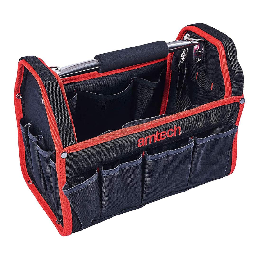 Amtech - Tool Tote Bag, Open Tote Tool Bag with 19 Pockets for Electricians, Technicians, Plumbers, and More, Heavy Duty and Waterproof, Cushioned