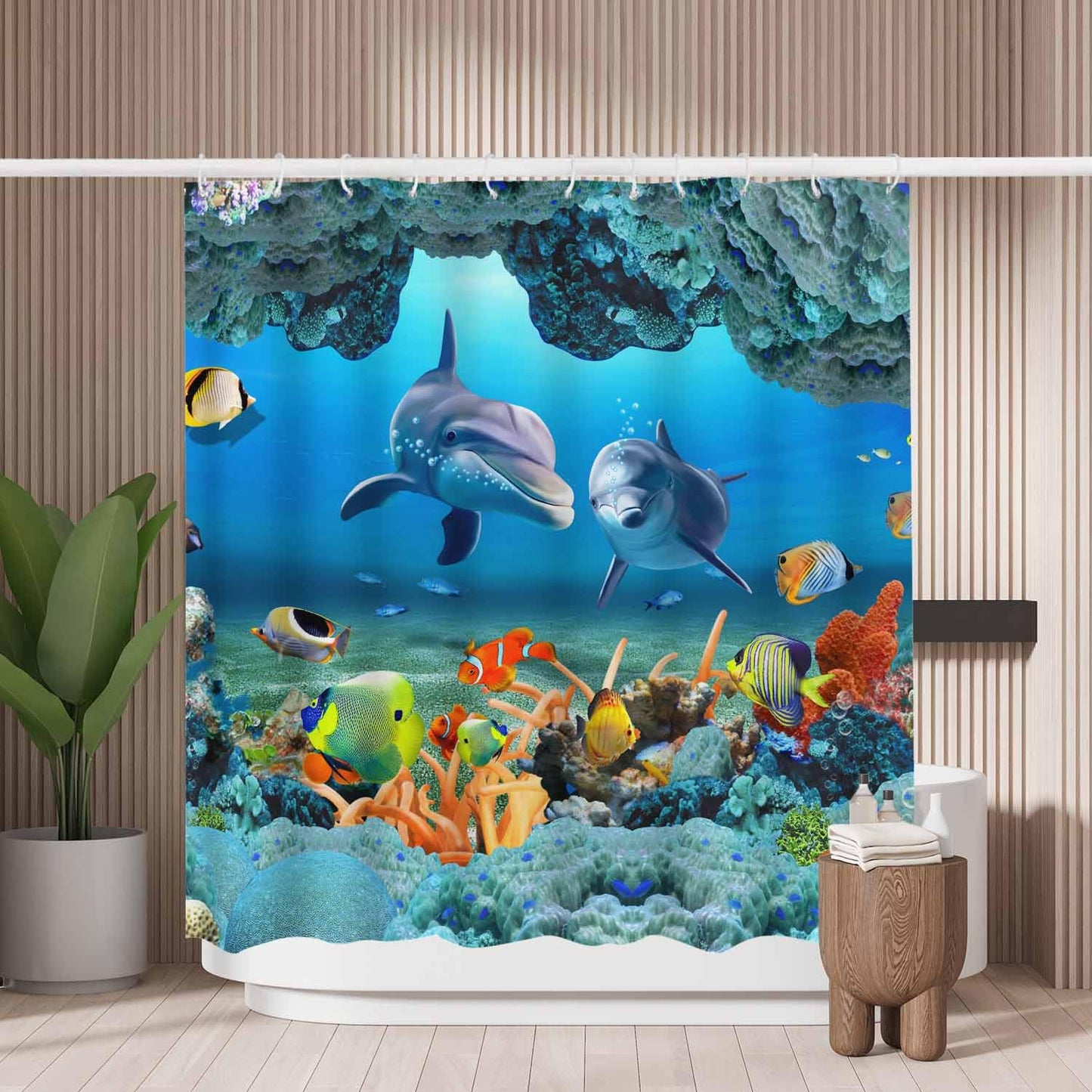 Woutay Shower Curtain Mould Proof Resistant Dolphin Underwater World,Water Repellant Fabric,Polyester,with 12 Plastic Hooks
