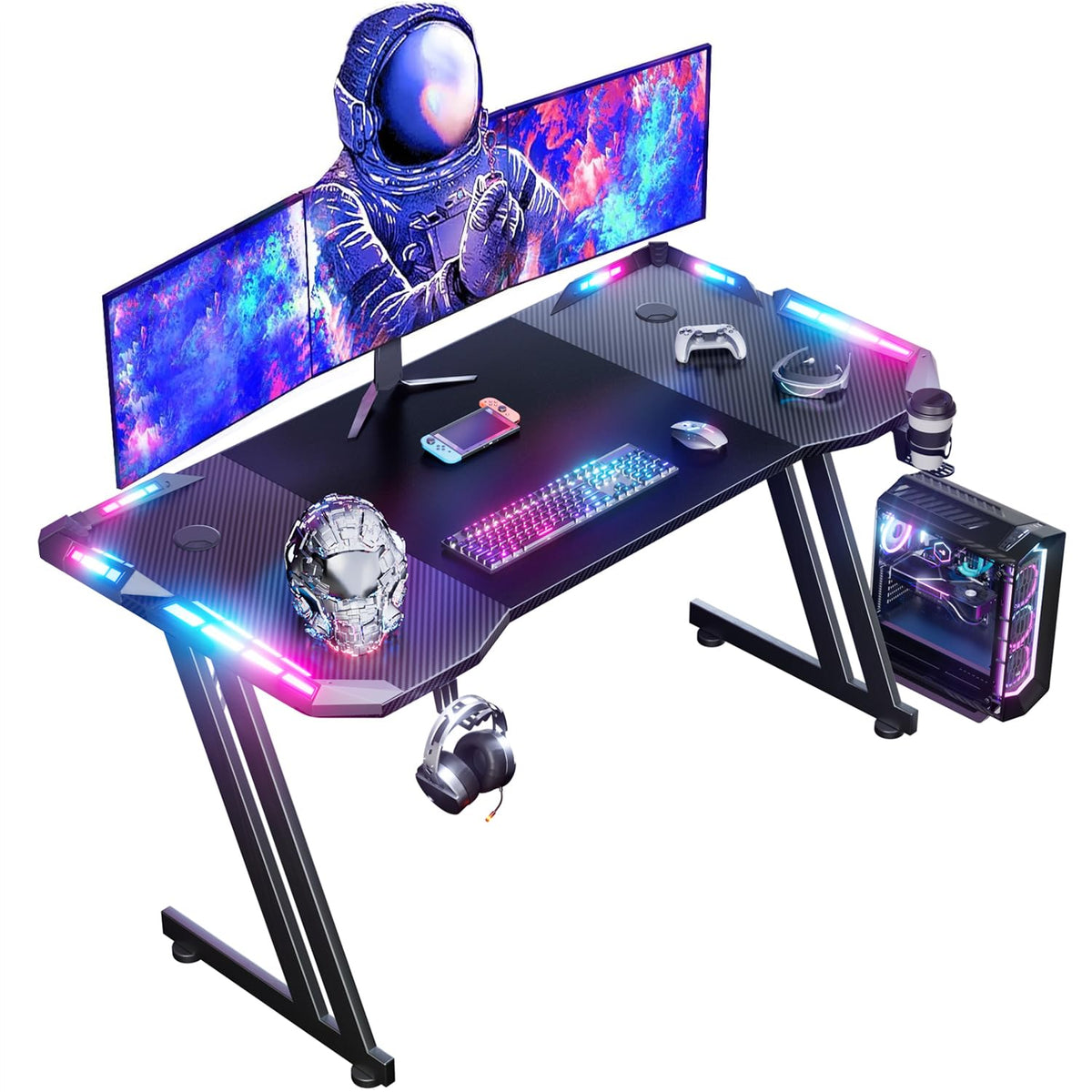 DLONGONE 140 x 60cm RGB Gaming Desk, Large Gaming Table for Laptop, Home Office Desk with Carbon Fiber Coated, Gaming PC Desk with Headphone Hook and