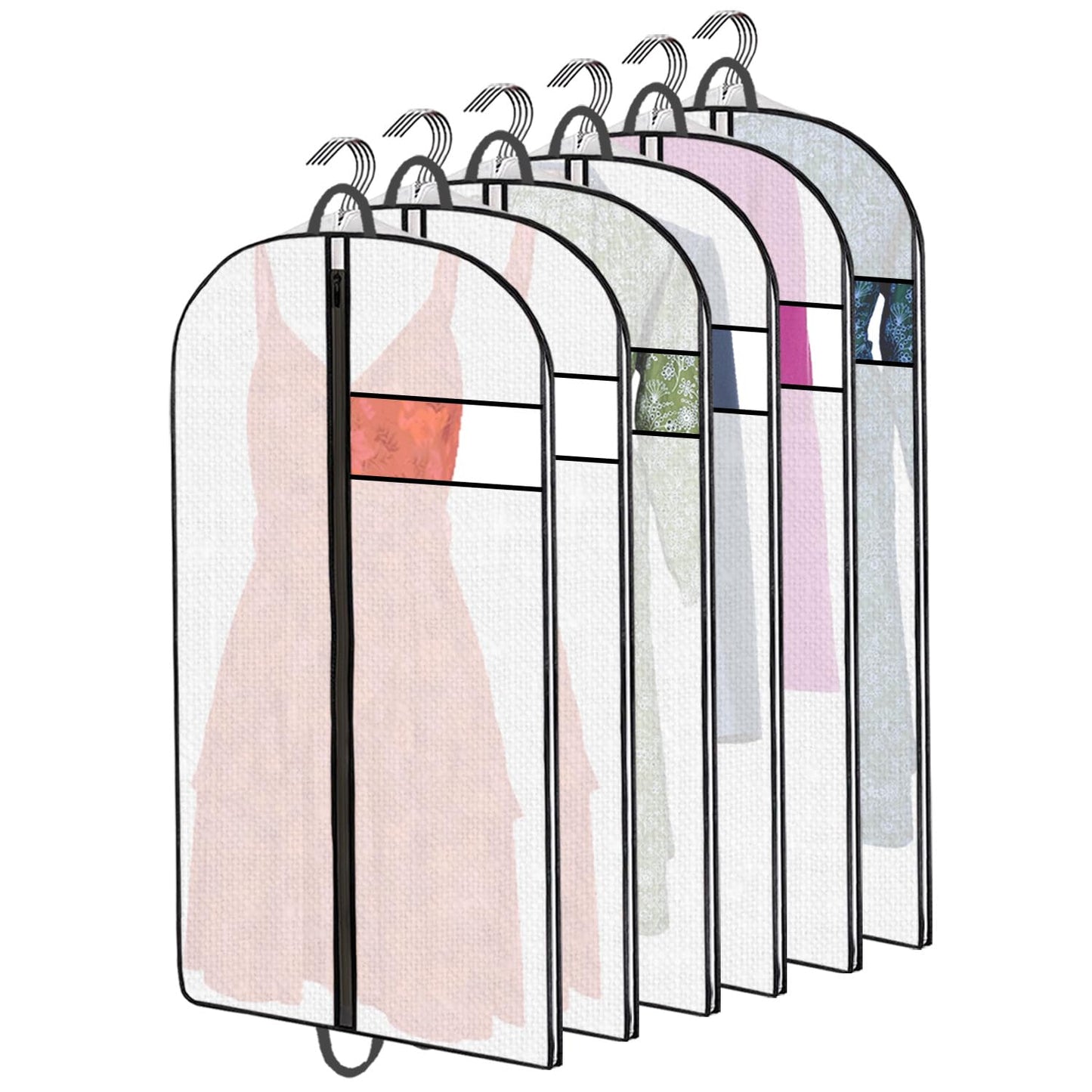 Clothes Bags 6 Pack | Suit Covers for Hanging Storage, Polypropylene Garment Dress Bags with Full Zip, Reusable Translucent Clothes Covers