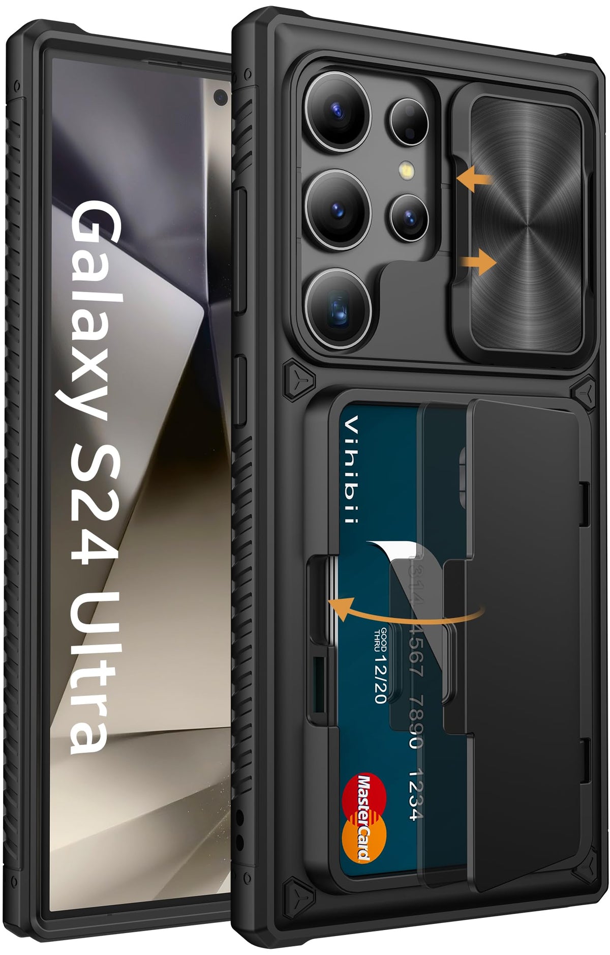 Vihibii for Samsung Galaxy S24 Ultra Case with Card Holder (4 Cards) & Sliding Camera Cover & Kickstand, Shockproof Rugged Hard Back & TPU Edge Wallet