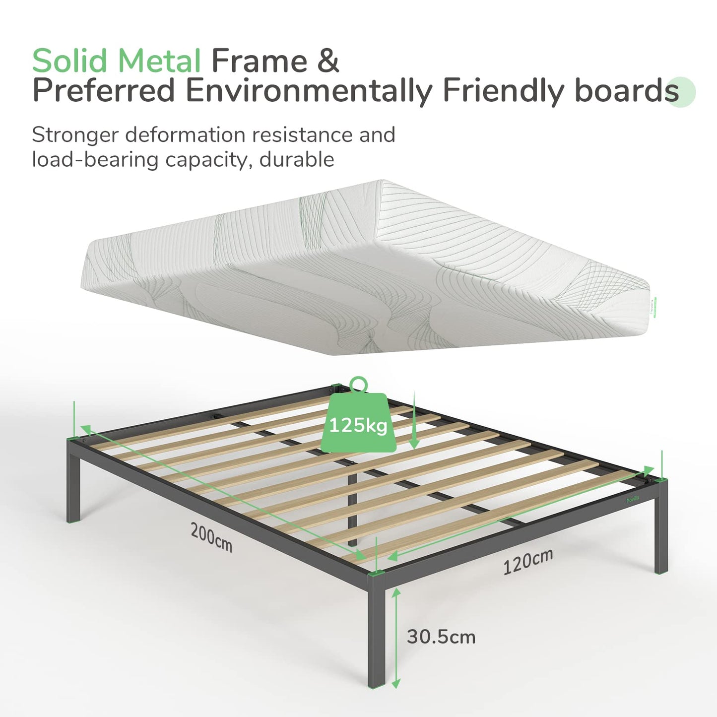 Novilla 30.5 cm Metal Bed Frame, 4FT Platform Bed Frame With Noise-cancelling Design, Engineered Wood Slat Support, Solid Support Leg, Easy Assembly