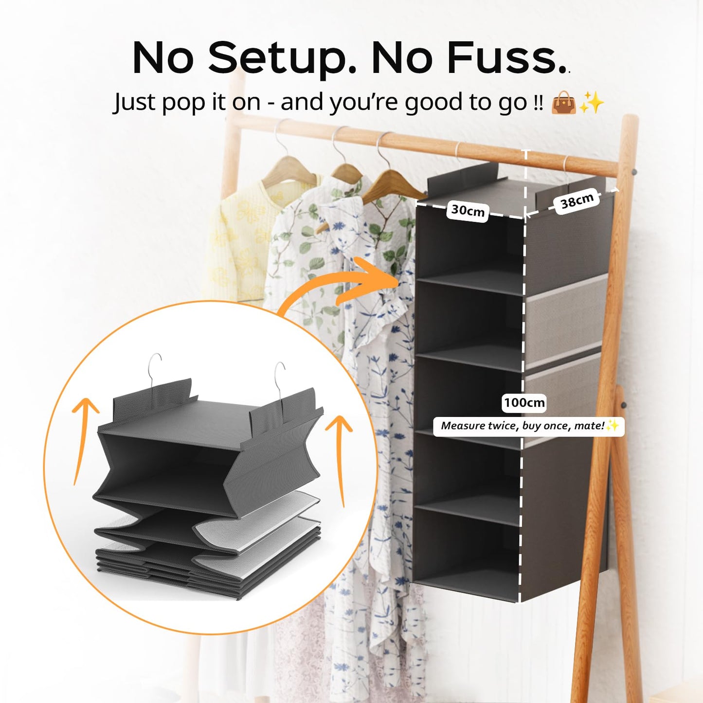 ALLTIDYUP Extra Deep Hanging Wardrobe Organizer – 5-Shelf Closet Storage with Large Mesh Pockets, Heavy-Duty Clothes Organizer, Perfect for Dorms