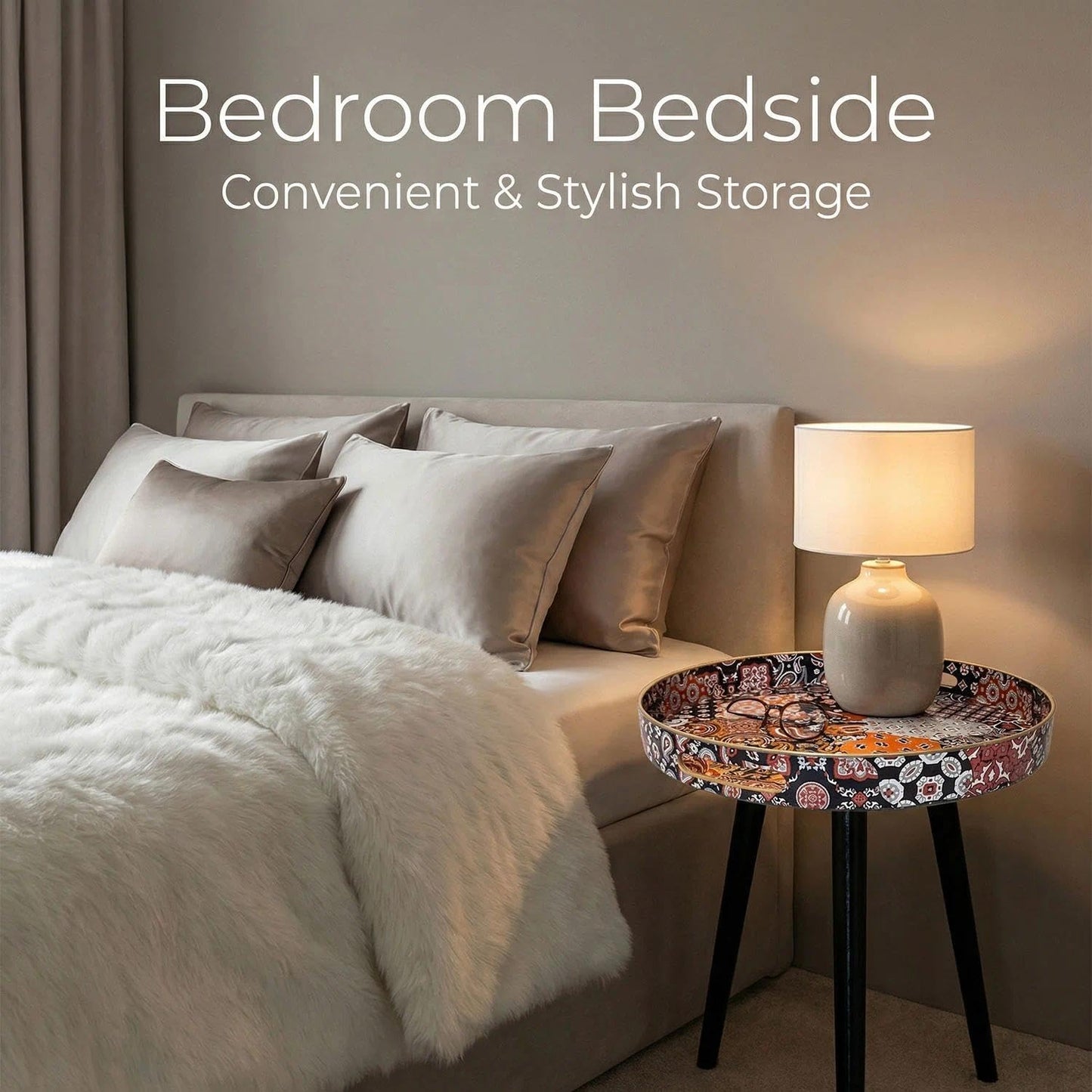 Simmer Stone Round Indoor Side Tables with Detachable Wooden 3 Legs, Versatile Tray Table, Perfect For Round Coffee Table Tea