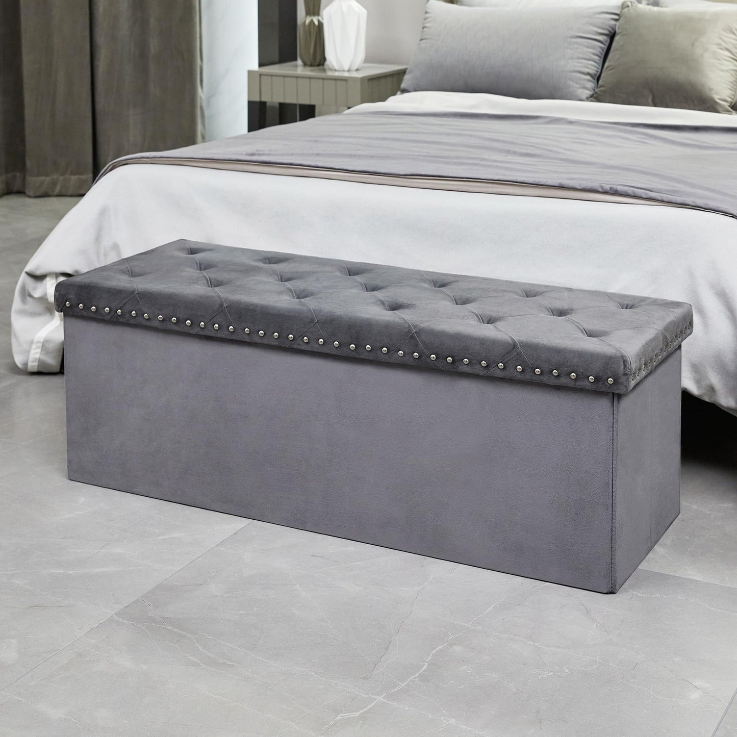 Bonlife Grey Velvet Ottoman Storage,Extra Large End of Bed Storage Box with Lids,Footstool Folding Ottoman Bench Window Seat with Rivet,110x40x40cm