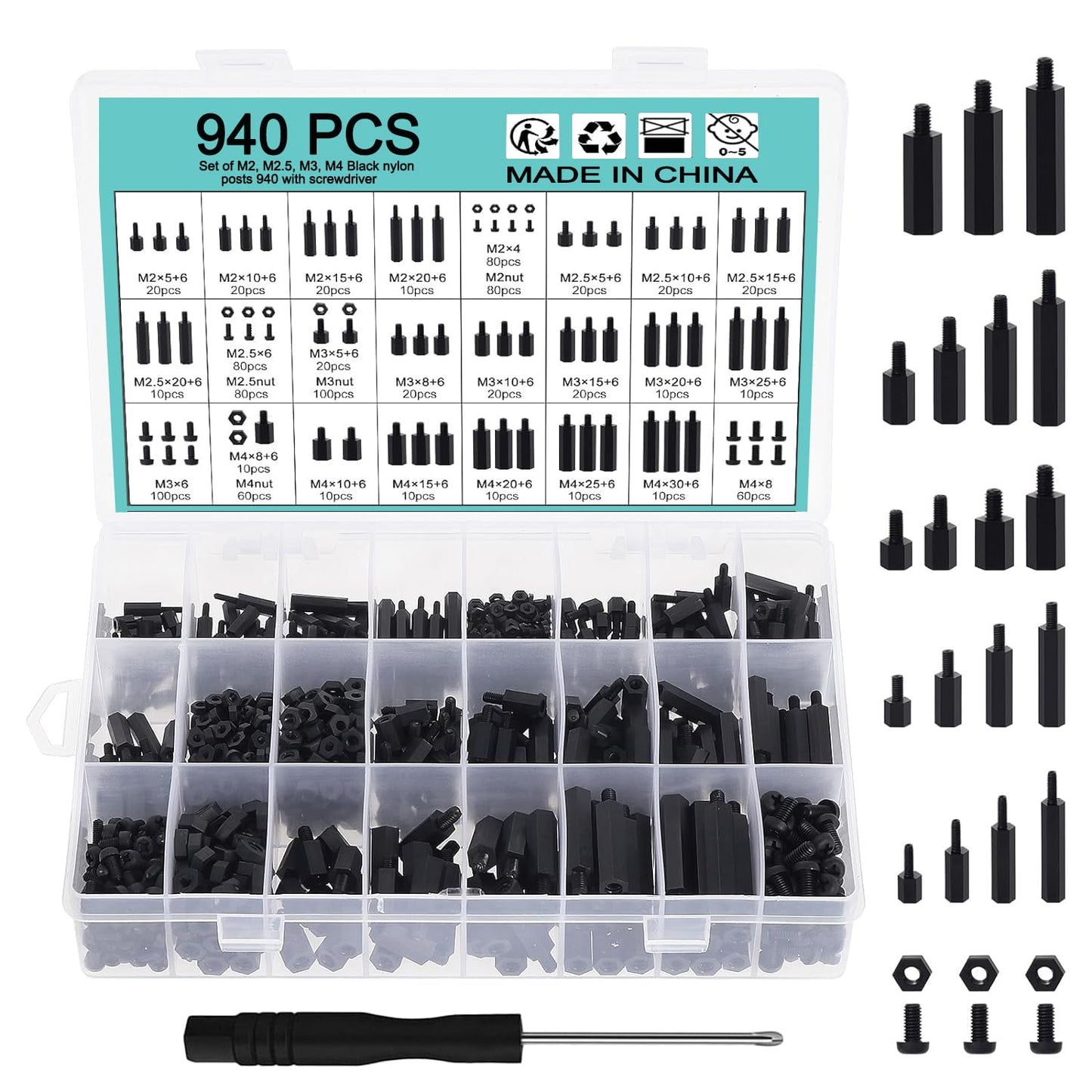 WiMas 940PCS Nylon Hex Standoff Spacer Screw Nut Threaded Pillar Standoff Screws Assorted Assortment Set M2 M2.5 M3 M4 for DIY PCB Board Motherboard