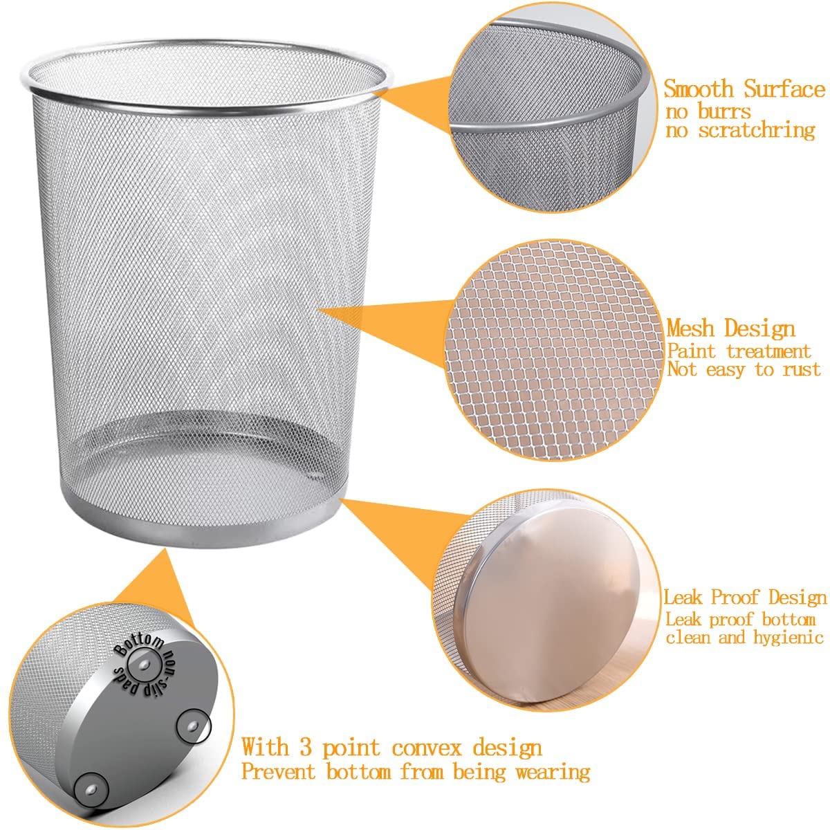 livexa 3 Pack Metal Mesh Waste Paper Bin 12 Litres Lightweight Mesh Wastebasket Waste Bin Silver Metal Rubbish Bin for Bedroom, Office, Bathroom