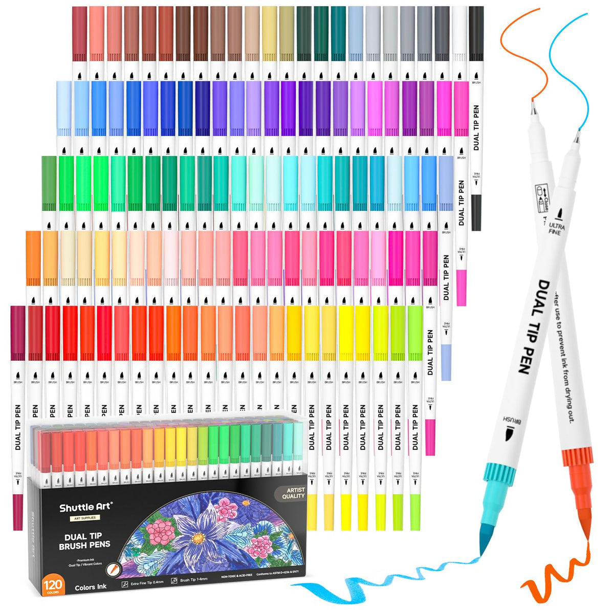 Shuttle Art Dual Tip Brush Pens Set, 120 Colours Ultra Fine and Brush Tip Markers with 1 Colouring Book for Kids Adult Calligraphy Lettering Journal