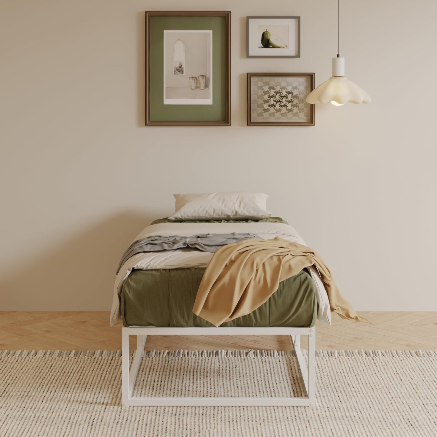 EMODA Metal Bed Frame 90 x 200cm with Steel Slats Support, White