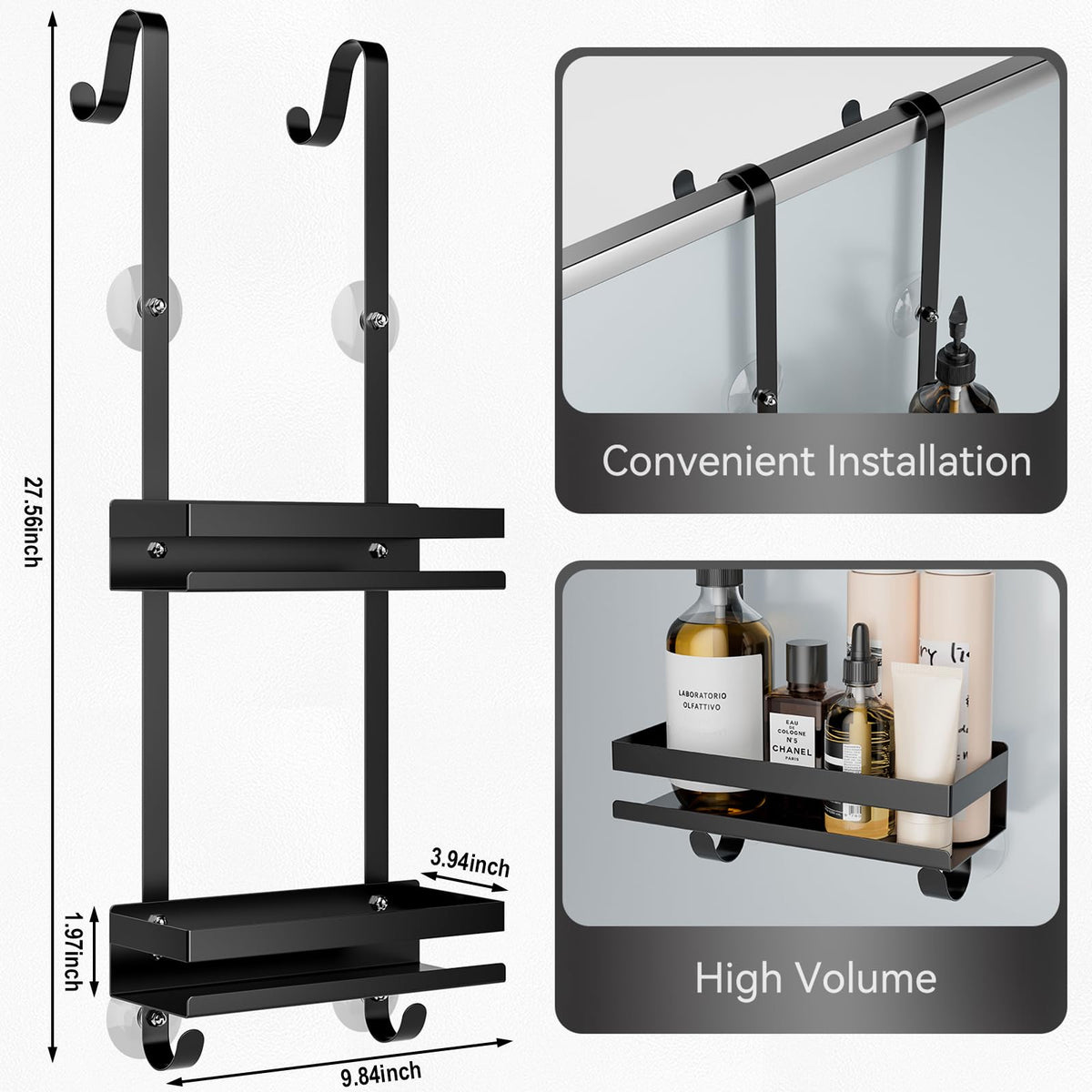 Laimew Shower Caddy Hanging, 2 Tier Shower Storage Over Door, Shower Accessories, Rustproof Shower Organiser Bathroom Storage, No Drilling