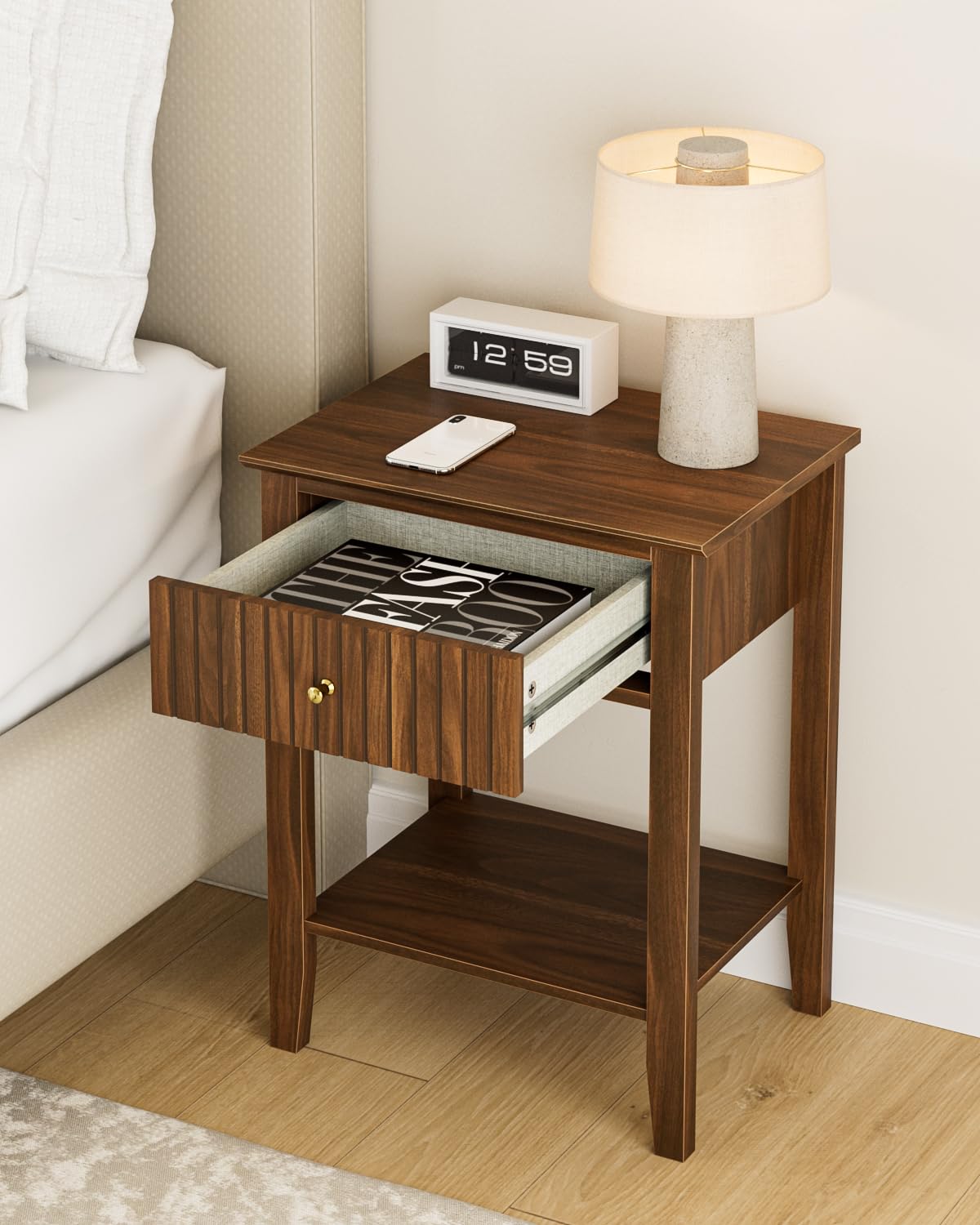 HEYZOEY Bedside Table Chest of 1 Drawer, Bedside Cabinet Wooden Nightstand, Modern Side Table for Living Room,Bedroom,Office,Château Walnut
