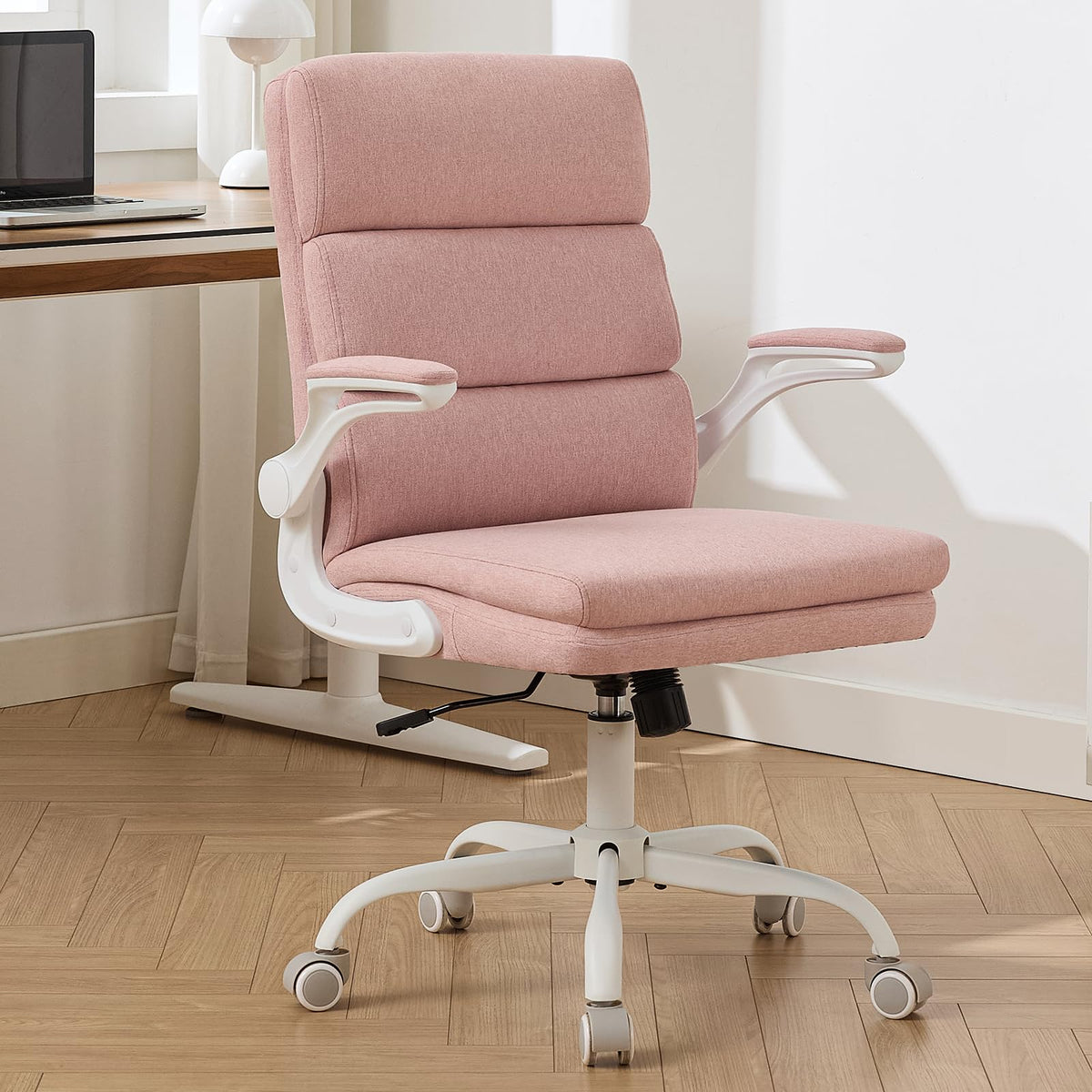 LukkDys Ergonomic Office Chair with 3-Stage Back Support, Executive Fabric Desk Chair with Flip-up Armrests