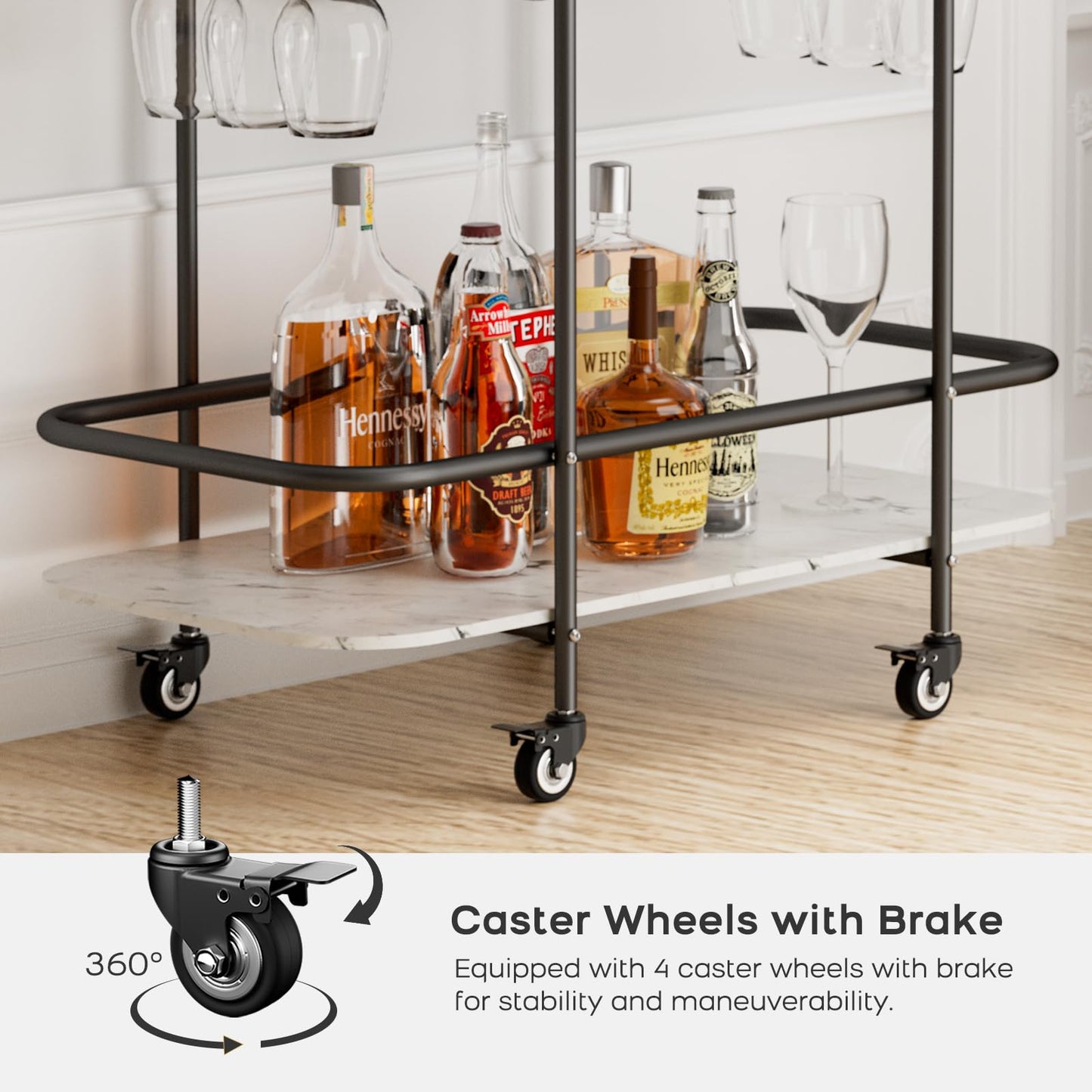 DAWNYIELD 2 Tier Mobile Bar Serving Cart, Drinks Trolley on Wheels, Black