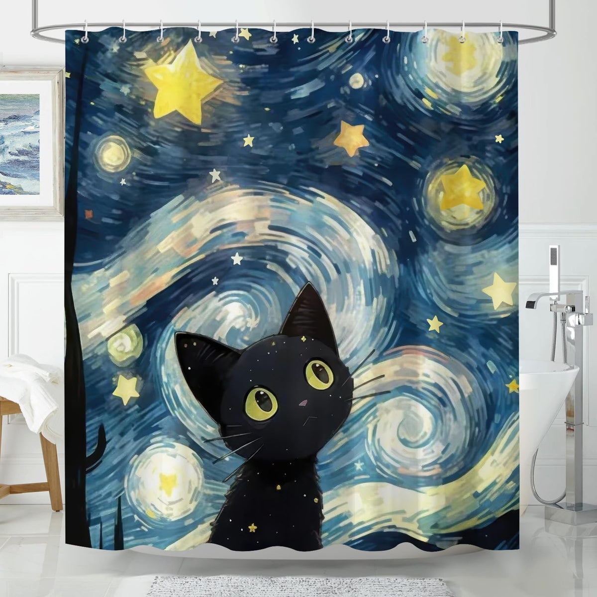 Hopomoon Starry Night Black Cat Shower Curtain 180 x 180 cm, Oil Painting Style Stars Moon Abstract Black Cat Bathroom Curtain with 12 Hooks