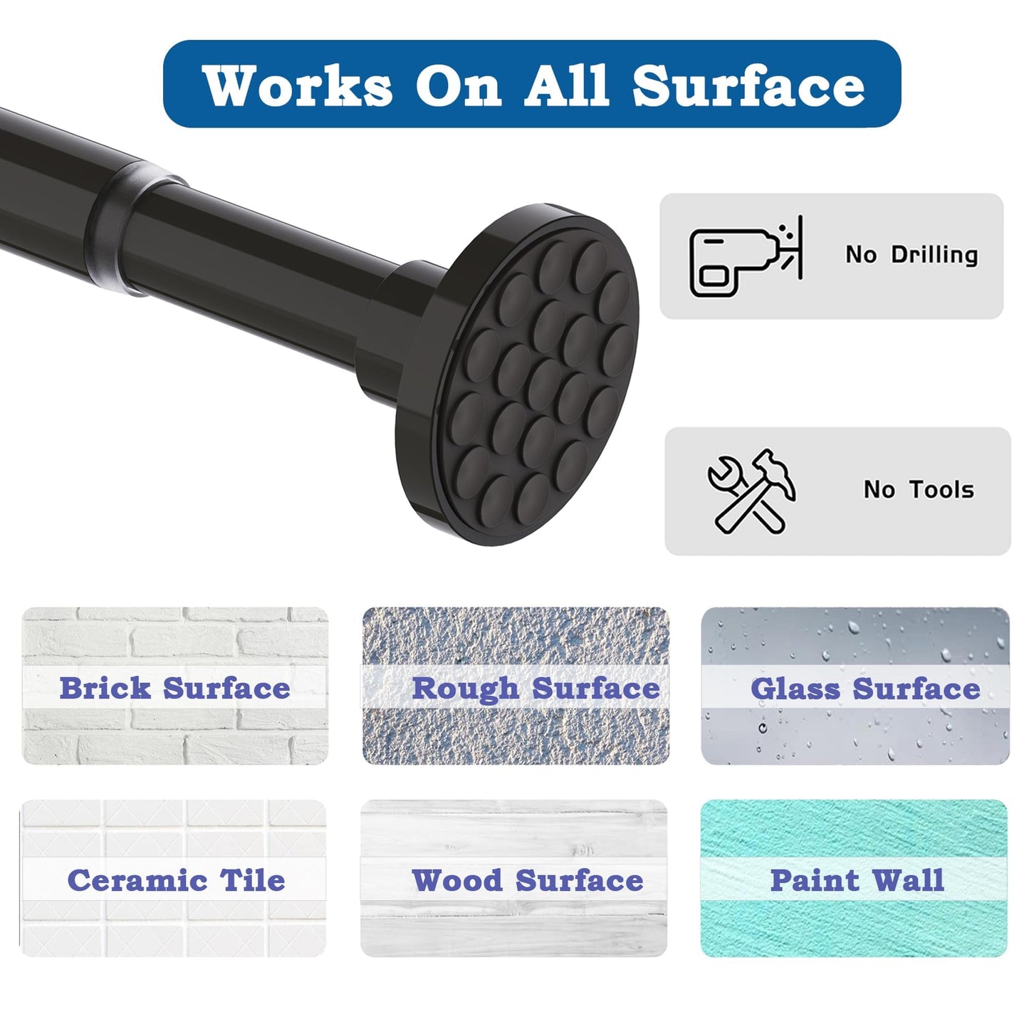 Curtain Pole 300 cm Long Curtain Rod Extra Length Shower Rail No Drilling Clothes Rail Extendable for Bathroom, Bedroom Black (85-270CM Φ32 mm)