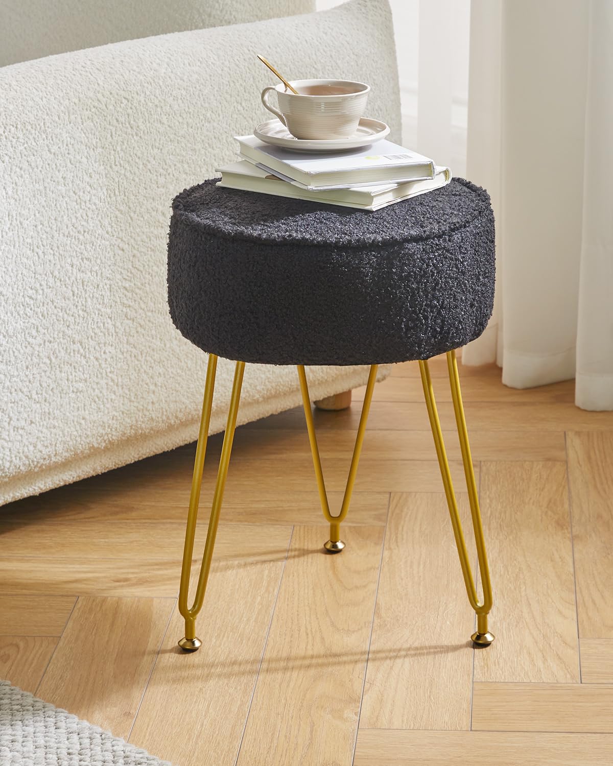 IBUYKE Makeup Vanity Stool Chair, Teddy Velvet Footrest, Black WBD009B