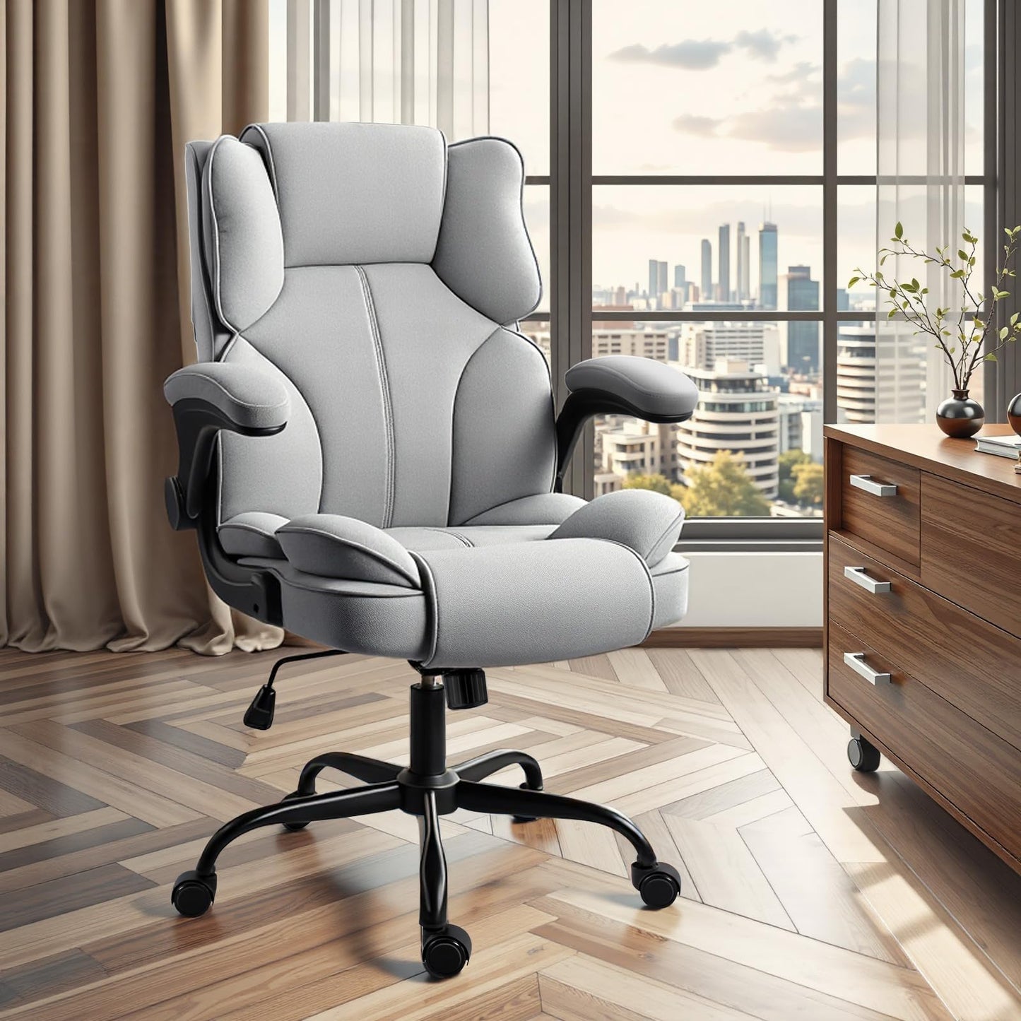 GGCIR Office Chair,Desk Chair with 90° Flip up Armrest,Computer Chairs for Adjustable Height, Comfortable for Office Home Gaming(Grey Fabric)