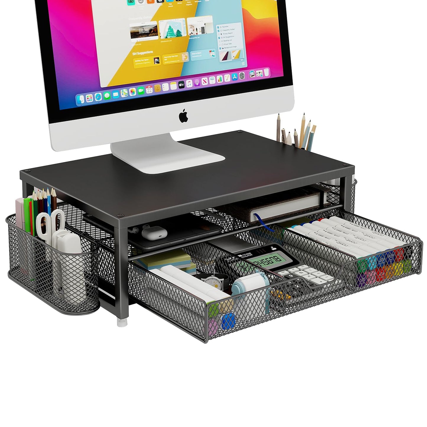 Monitor Stand Riser Metal, Office Desk riser with shelf Organizer, Office Organization ,Desk Organizer with Drawer and Pen Holder, 2-Tier Computer