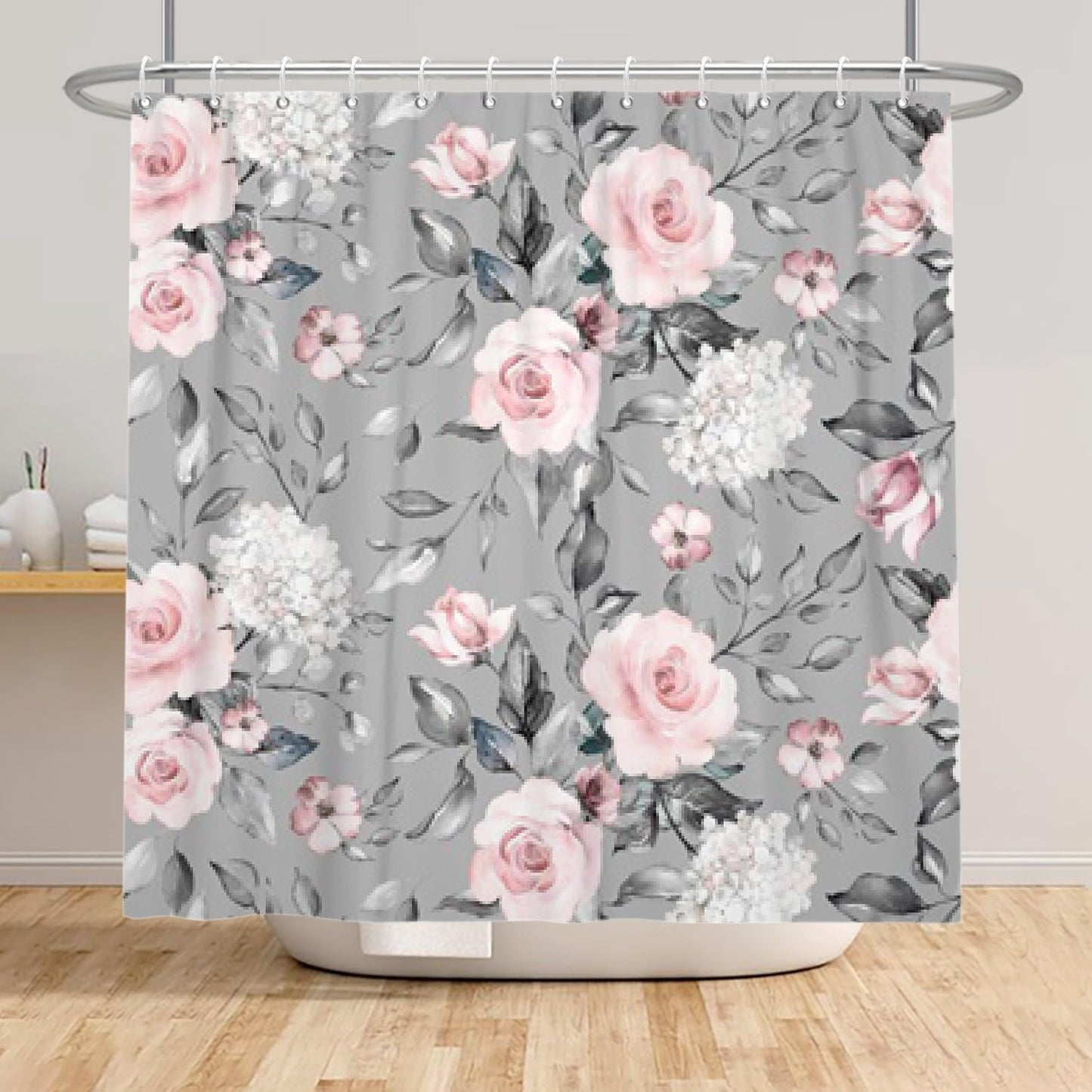 Xiaoterna Eucalyptus Leaf Shower Curtain Flower Plant Bathroom Curtain Vintage Pink Rose Flower with Green Leaf Plant Nature Aesthetic Shower Curtain