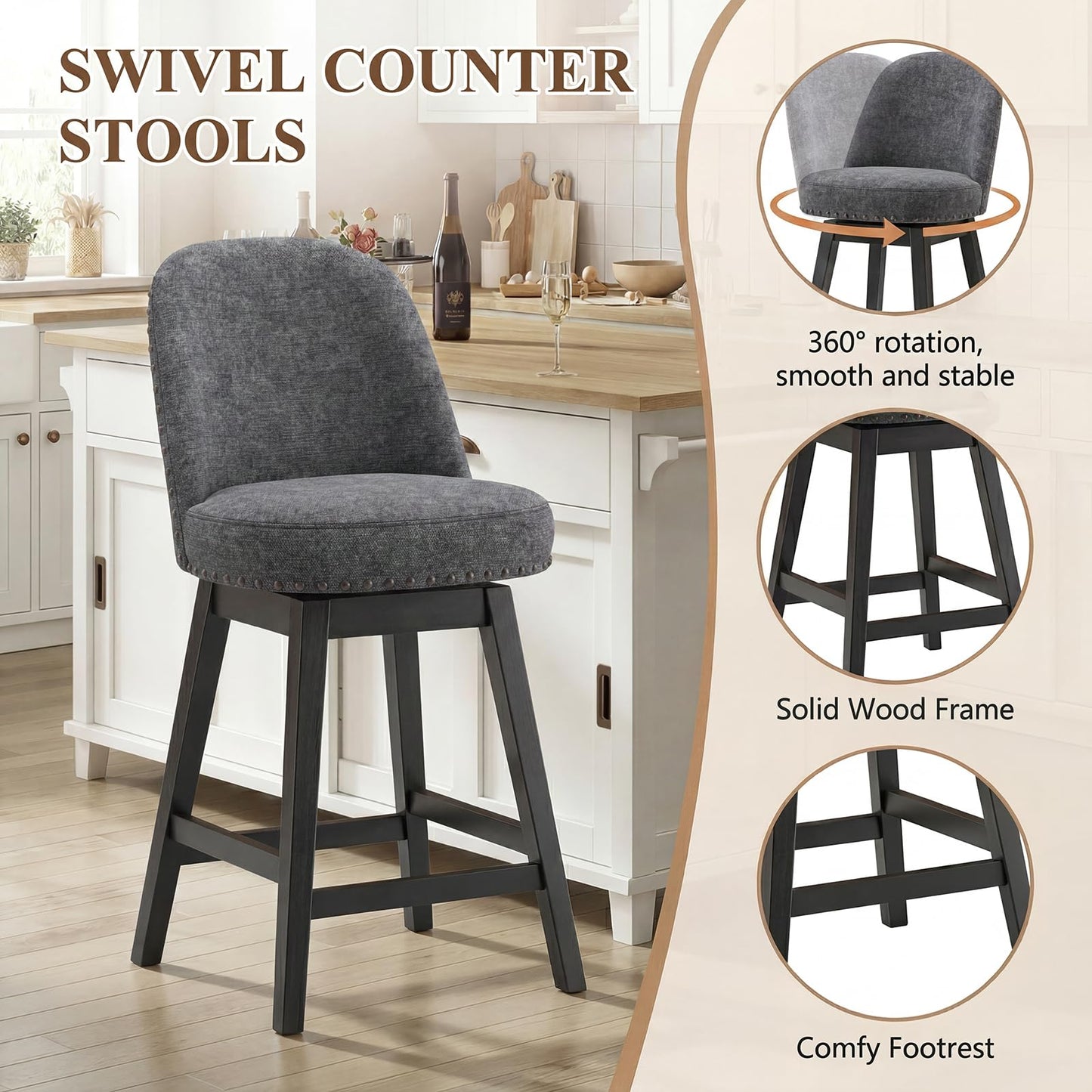 Bar Stools Set of 2, 360° Swivel Counter Stools with Upholstered Seat, Wooden Frame & Nailhead Trim