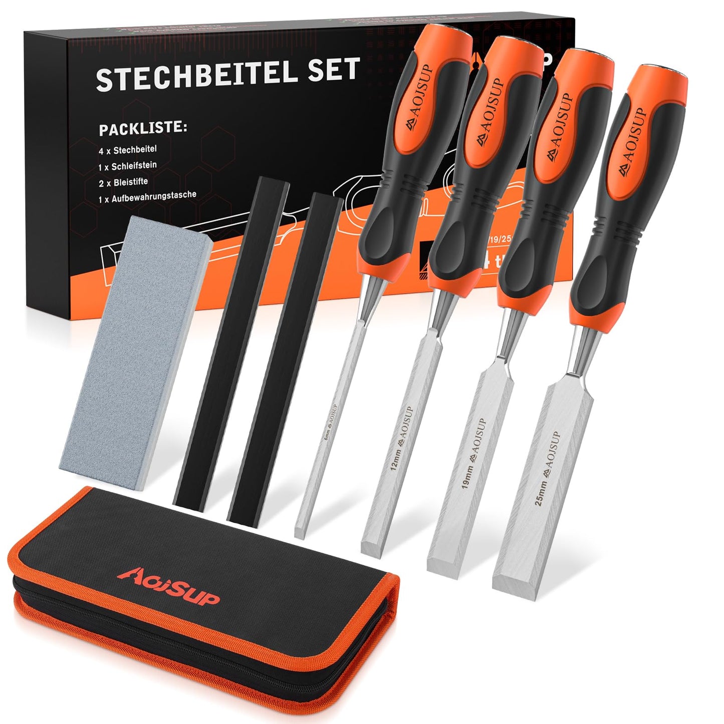 AojSup Wood Chisel Set, Professional Chisel Set Included 4X Wood Chisel(6mm, 12mm,19mm, 25mm), 2X Carpentry Pencils, 1x Whetstone, 1x Storage Bag,