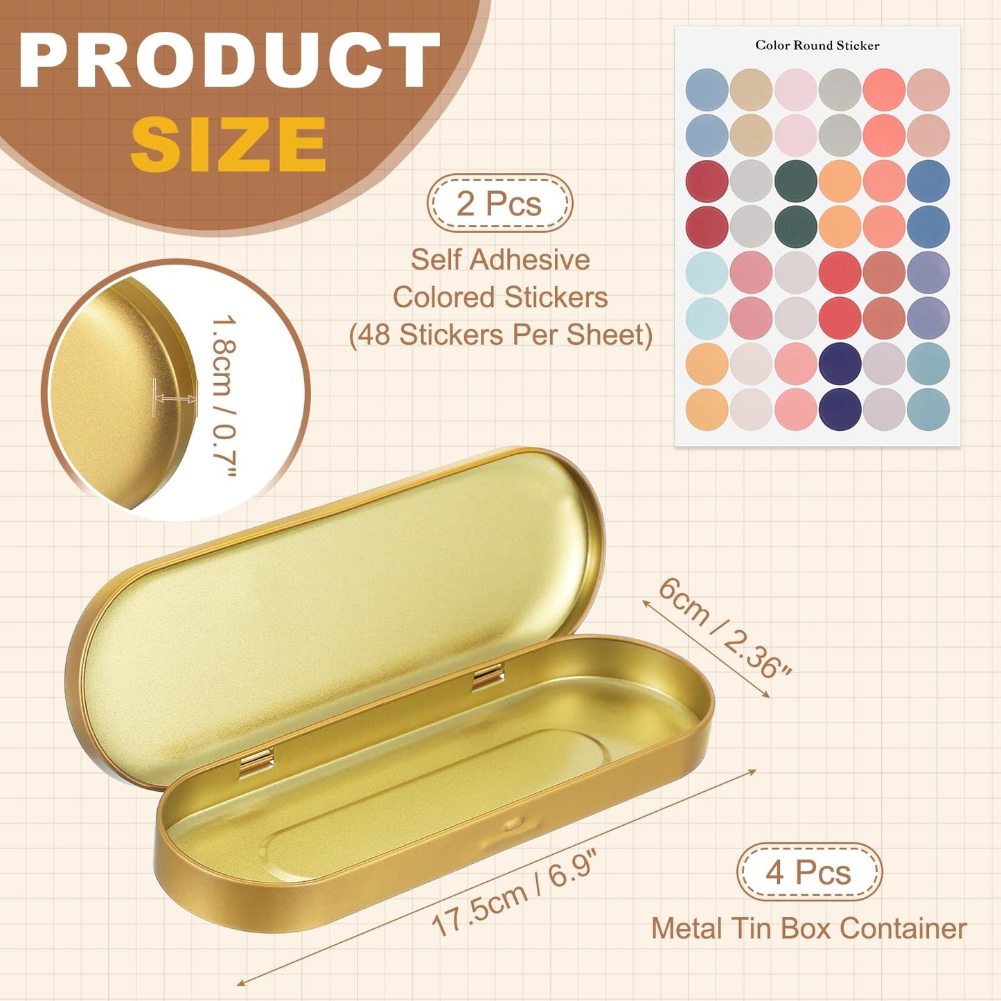 sourcing map 4Pcs Metal Tin Box Container, 6.9x2.4x0.7 Oval Empty Hinged Lid Box with Self Adhesive Colored Sticker