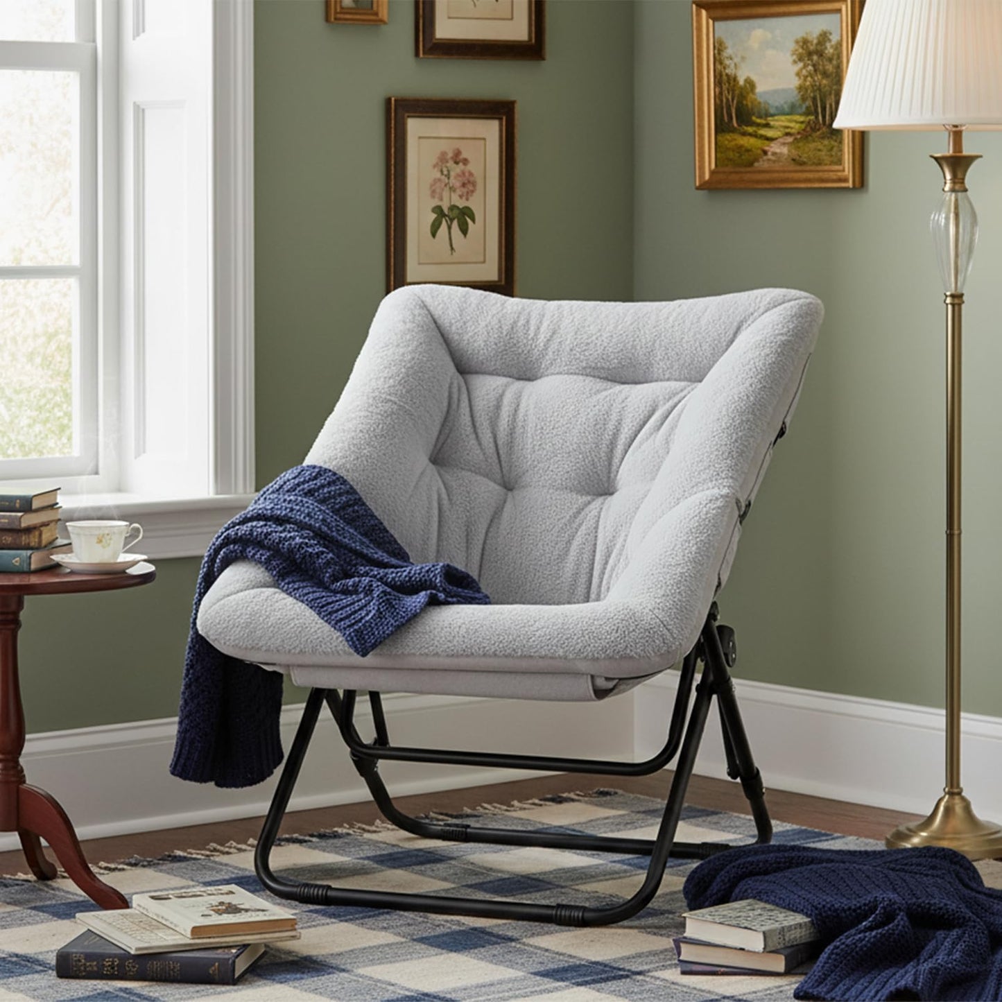 SESHINELL Comfy Saucer Lounge Chair, Oversized Foldable Faux Fur Moon Chair for Bedroom, Living Room, Dorm Rooms, Grey