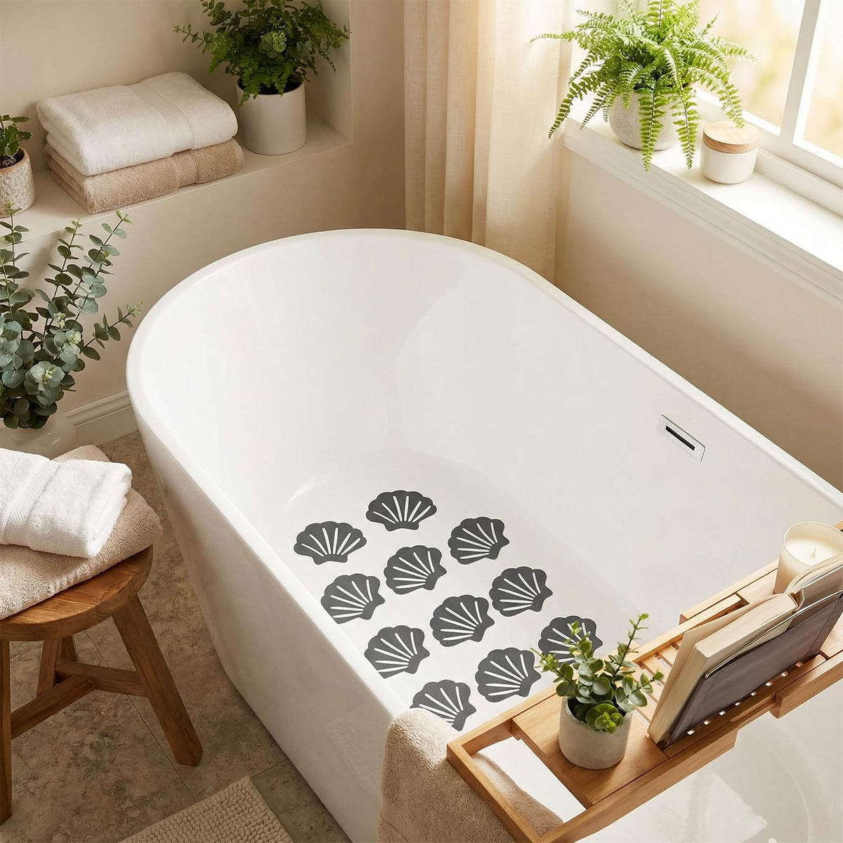 KIMHOME 12Pcs Non-Slip Stickers, Self-Adhesive Bath Safety Strips Shell Design for Shower Floor & Bathtub & Stairs(Grey)