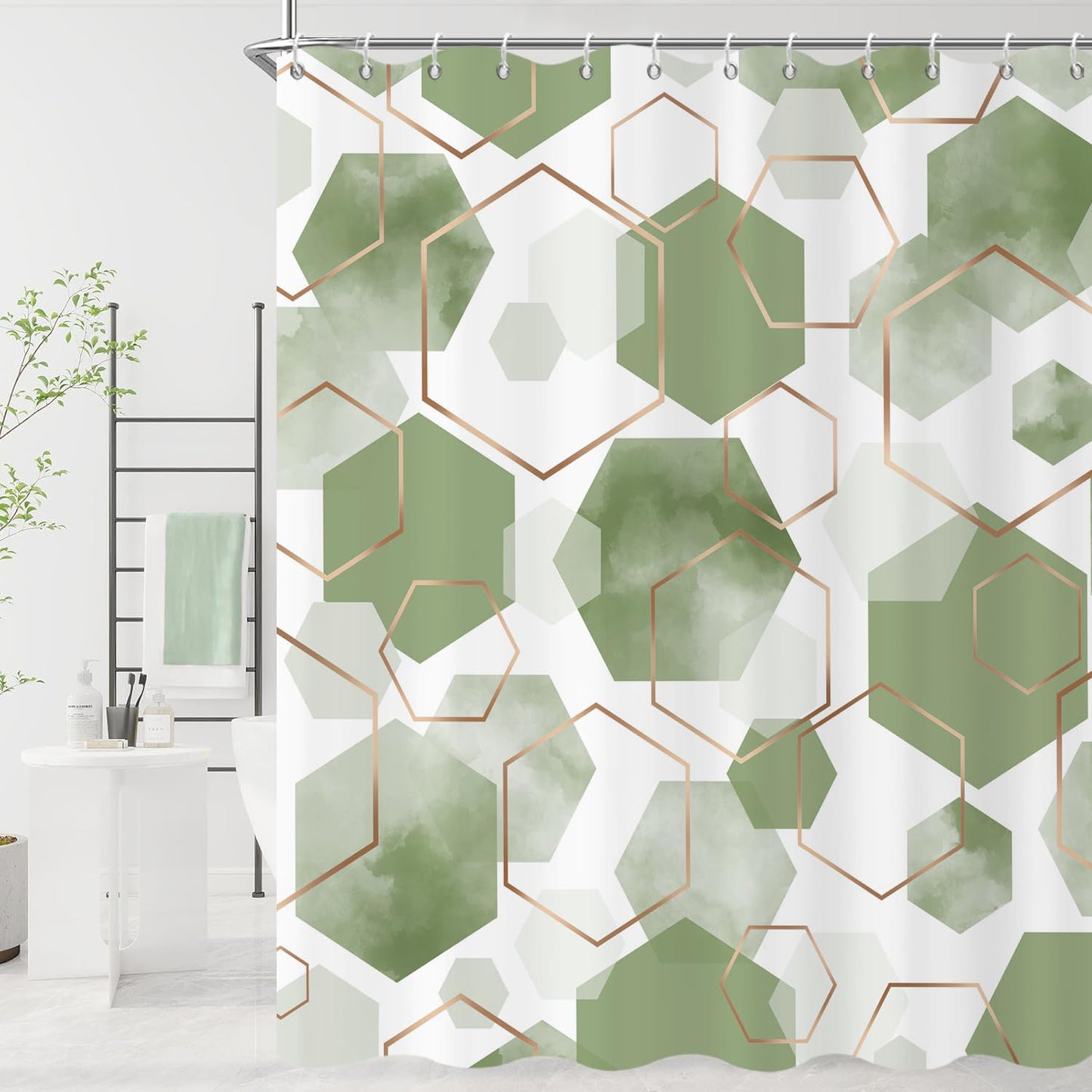 GCIREC Shower Curtain, 180x200cm, Green Modern Abstract Art Watercolor Geometric Grid Waterproof Fabric Machine Washable Bathroom Curtain with Hooks