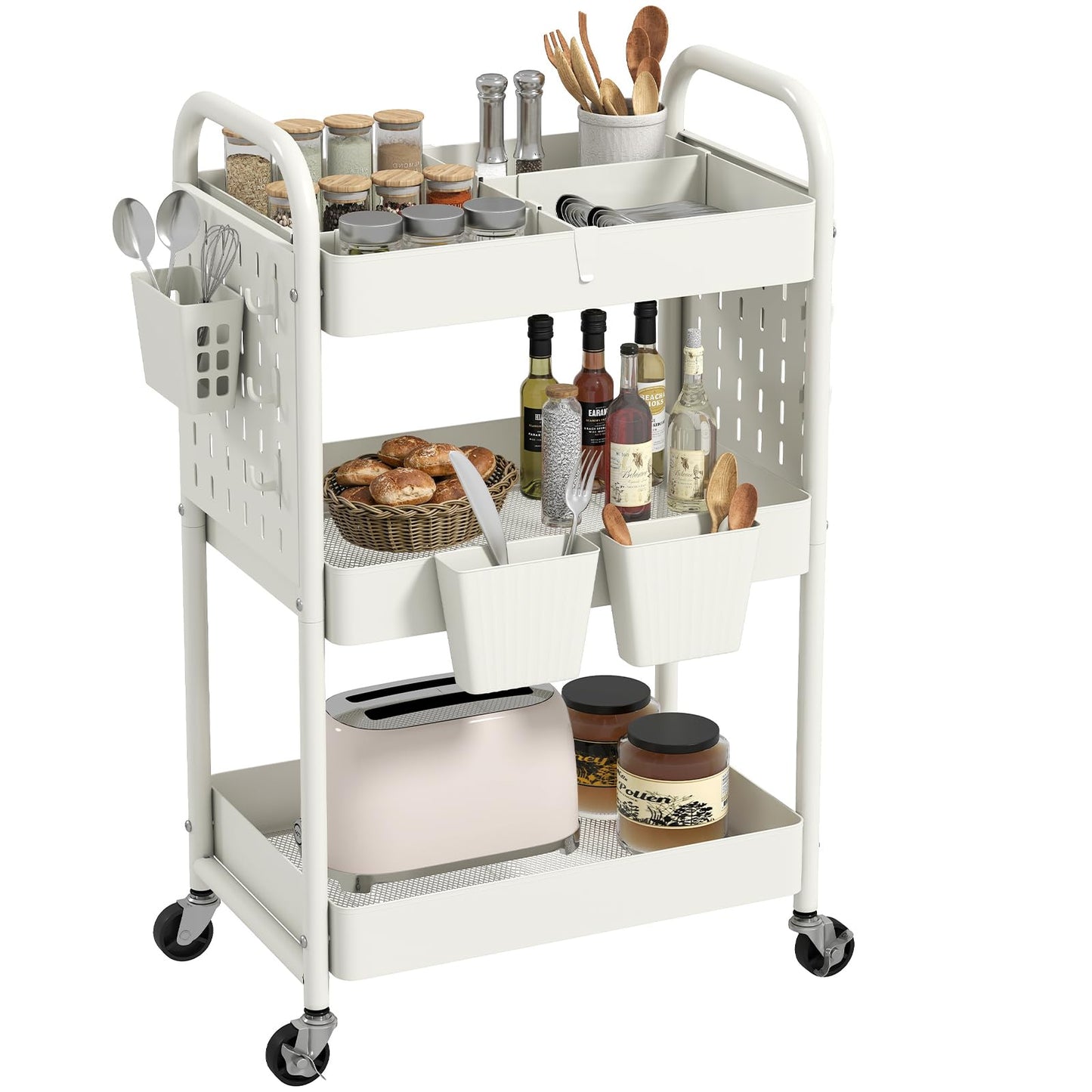 danpinera 3 Tier Rolling Cart, Metal Utility Cart with DIY Pegboard, Rolling Carts with 3 Dividers