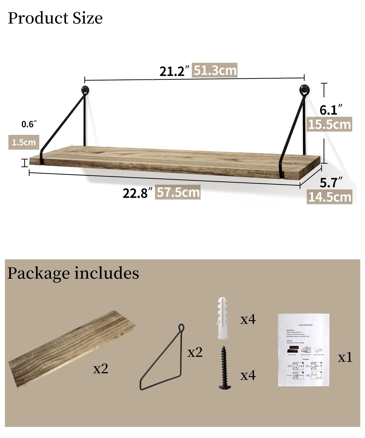 SUMGAR Long Floating Shelves for Wall Rustic Wood Shelf 60CM for Bathroom Kitchen bedroom living room office Wooden Storage Rack Set of 2 With Bracket