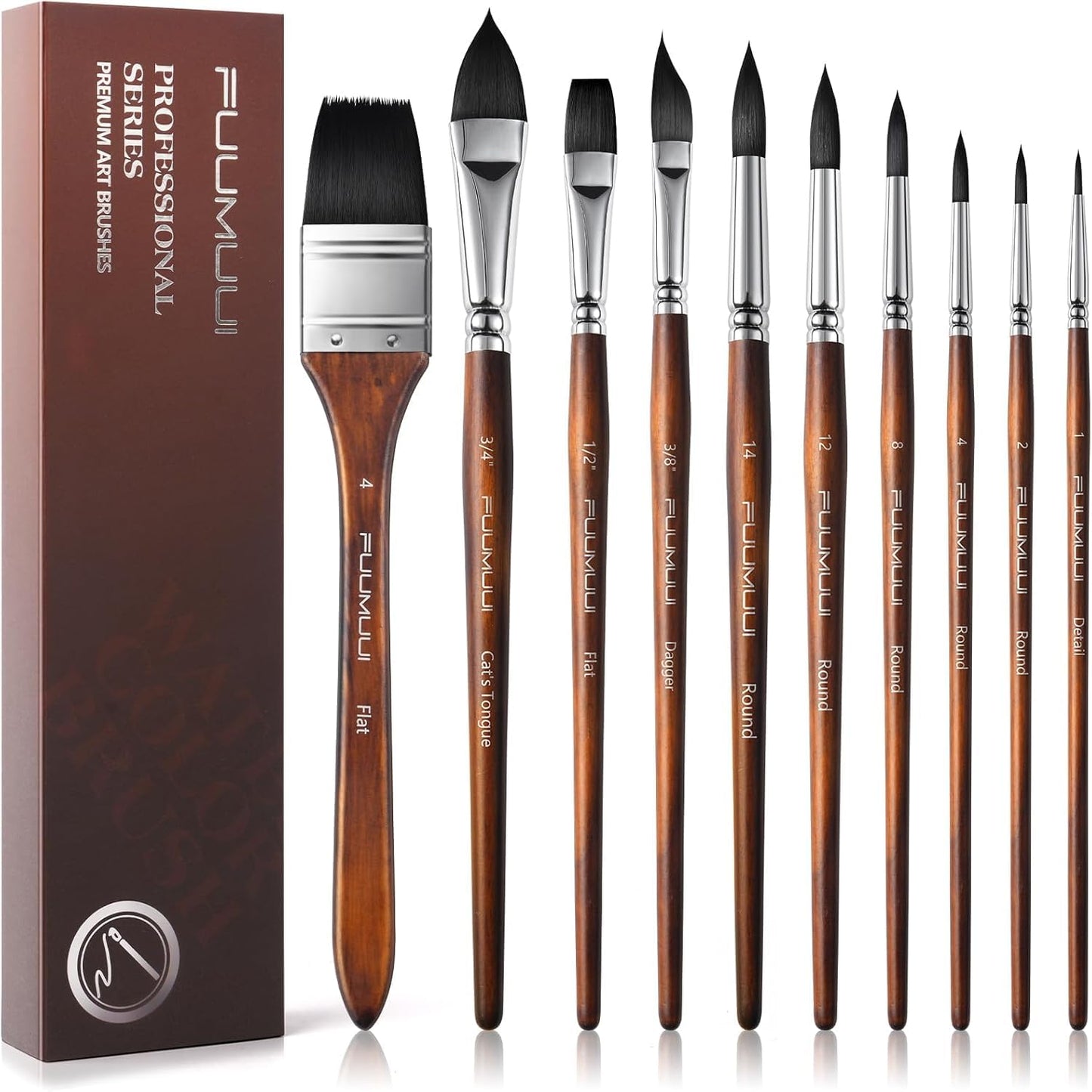 Fuumuui 10Pcs Watercolour Brushes, Professional Synthetic Squirrel Hair Brush Set Variety Shapes with Round Pointed, Wide Flat, Cat's Tongue, Dagger
