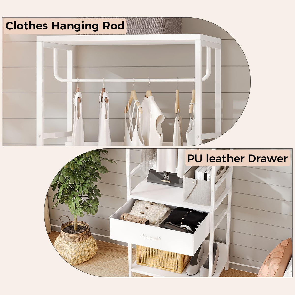 VOWNER Slim Hall Tree Entryway Coat Rack Bench Drawer White Hanging Rod