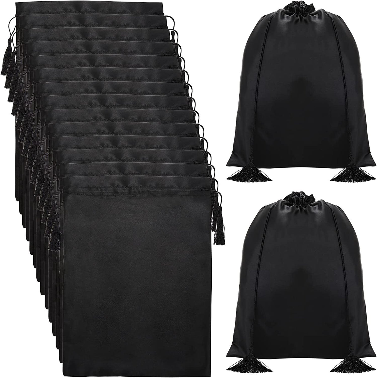 YOUEON 16 Pcs Silk Satin Wig Bags, 30 x 40 cm, Black, Solid, Drawstring Tassel, Unisex, Salon, Travel