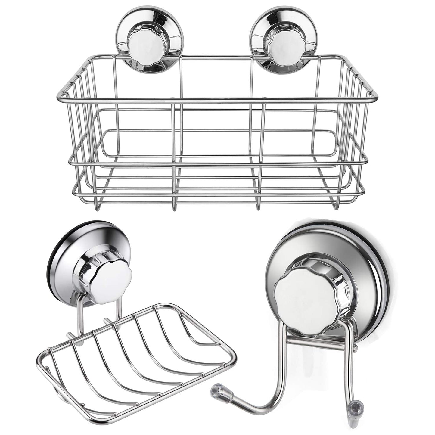 iPEGTOP Strong Suction Cup Combo Shower Caddy Bath Shelves Storage & Soap Dish Holder & Double Towel Hooks Stainless Steel for Bathroom Kitchen