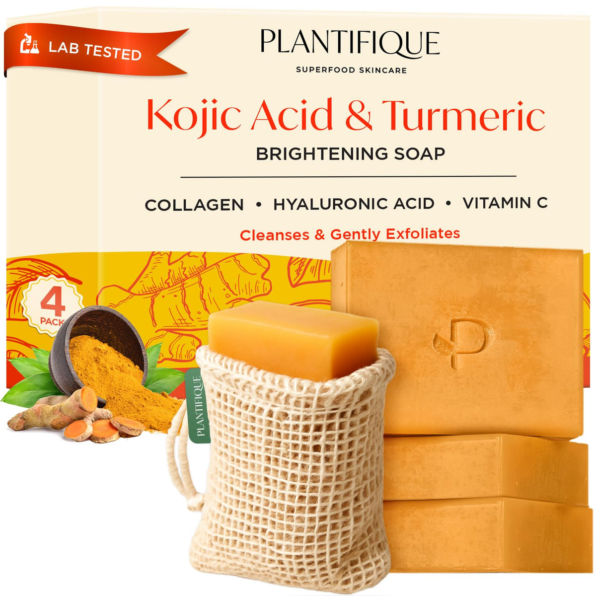 PLANTIFIQUE Kojic Acid Soap with Turmeric - 4 Pack with Mesh Bag - Face & Body Cleanser Bars with Hyaluronic Acid, Collagen & Vitamin C ? Gentle