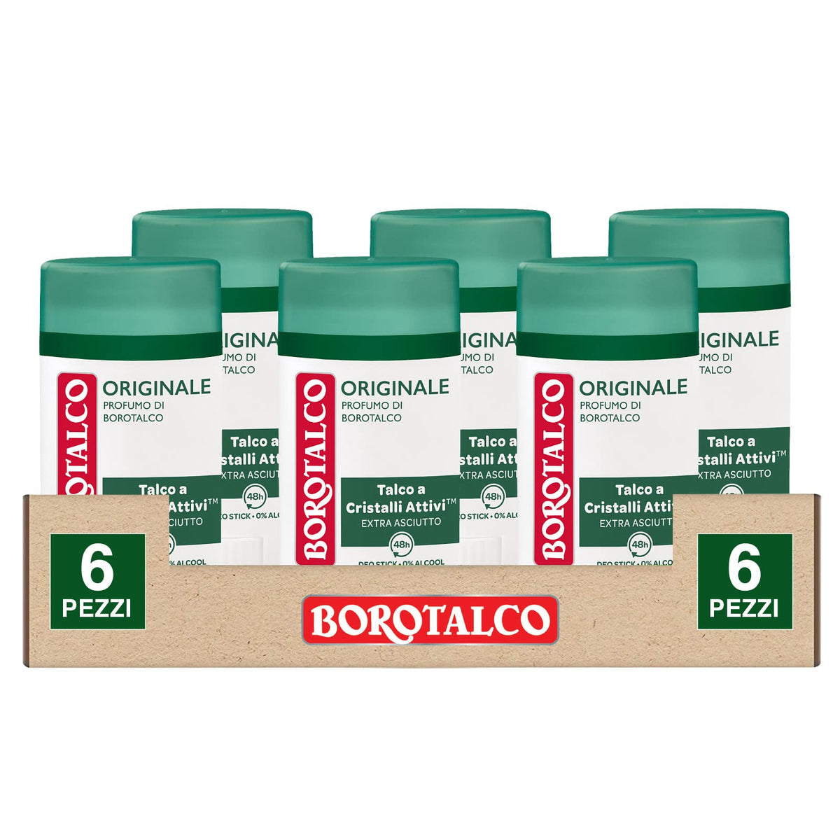 6 x Borotalco Original deodorant stick with microtalk, sweat without alcohol effectively 48 h - 6 air fresheners 40 ml each