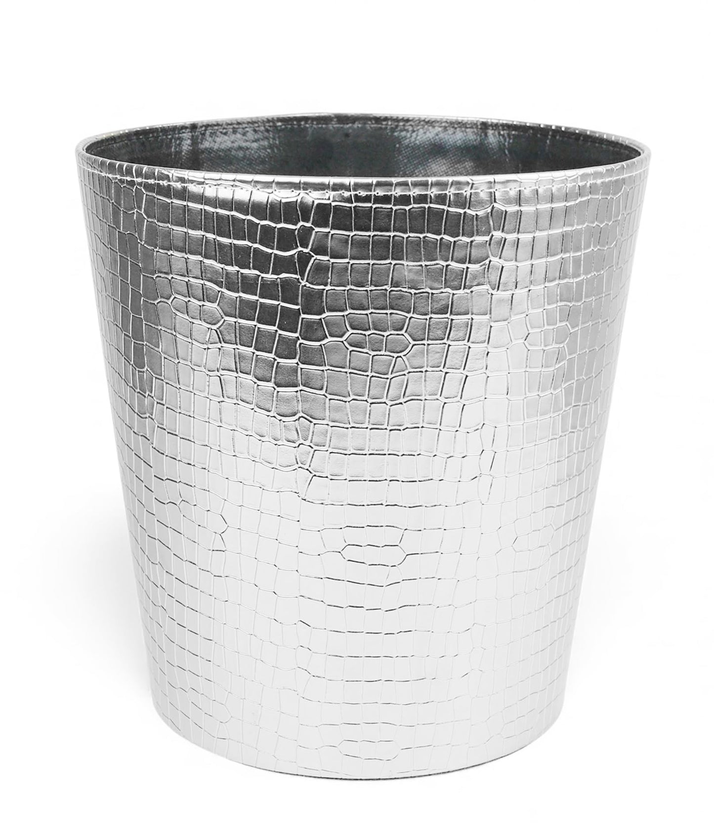 Emartbuy Luxury Croc Texture Faux Leather Dustbin Stylish Waste Bin- Silver