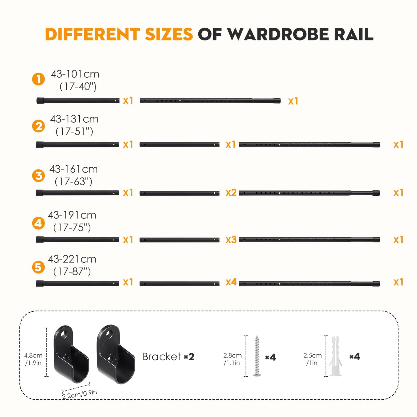Poskena Clothes Rail Heavy Duty for Wardrobe Black,25mm rail,43-101cm