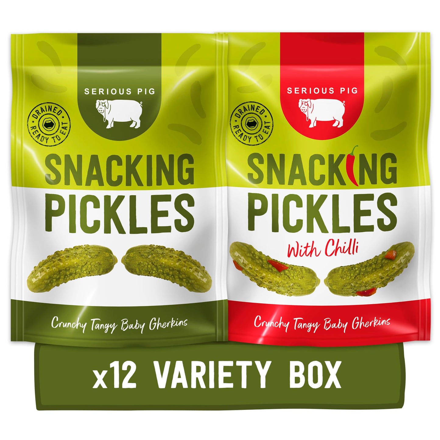 Serious Pig Snacking Pickles Selection Box Original and Chilli Flavour Gherkins - Low Calorie Gluten Free Vegan (12 x 40g)