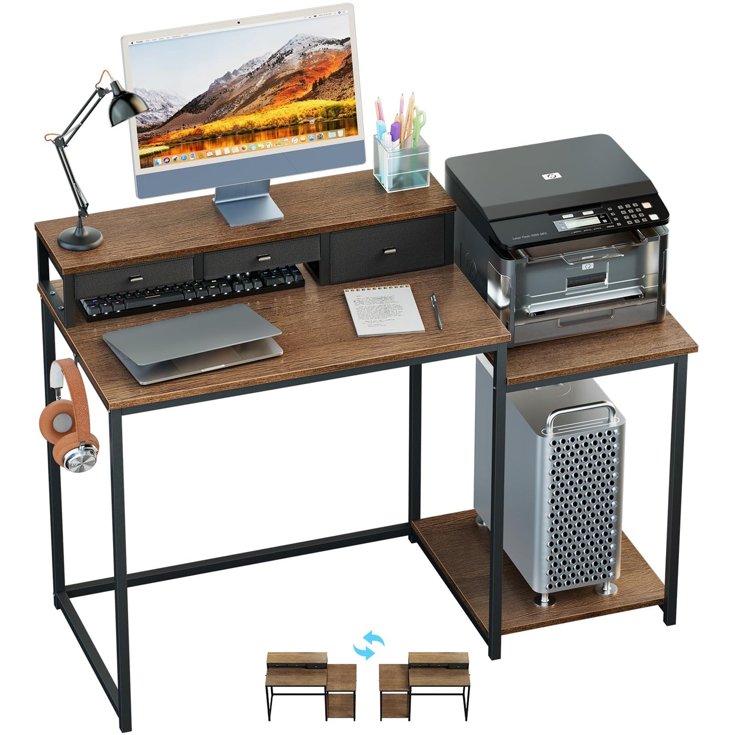 WOHOMO 120cm Computer Desk with 3 Drawers, Printer Shelf and Monitor Stand