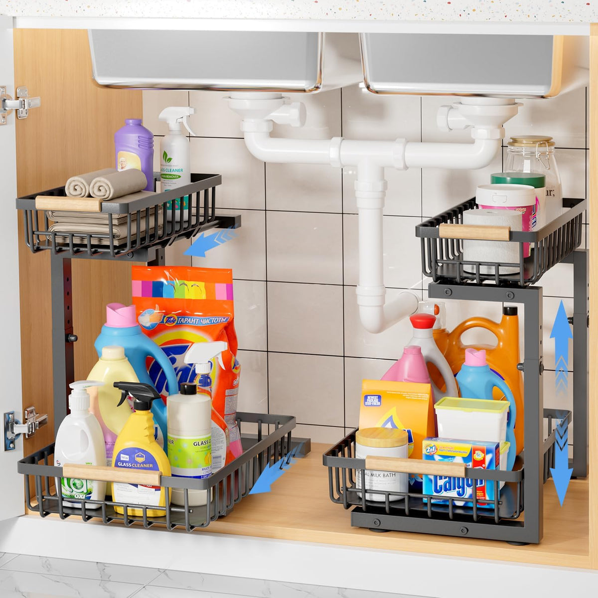 Kitchen Storage & Organisation, 2 Pack Under Sink Storage, Two Tiers of Pull-Out and Freely Adjustable Height Under Sink Organiser, Beautiful and