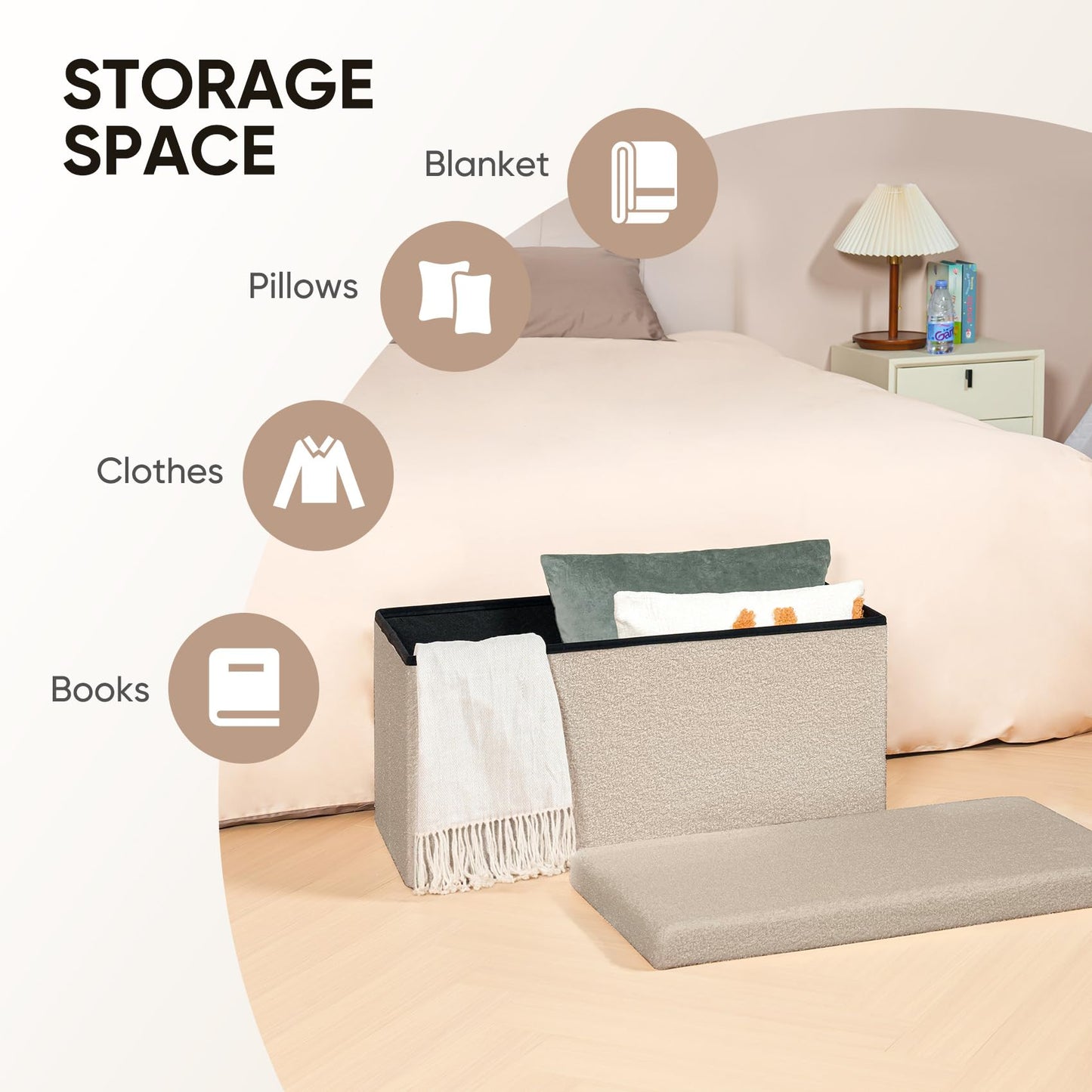 Bonlife Ottoman Bench,Large Toy Storage Box with Lid,Folding Footstool with Storage for Living Room,Hallway,Boucle Fabric,Beige,80x40x40cm
