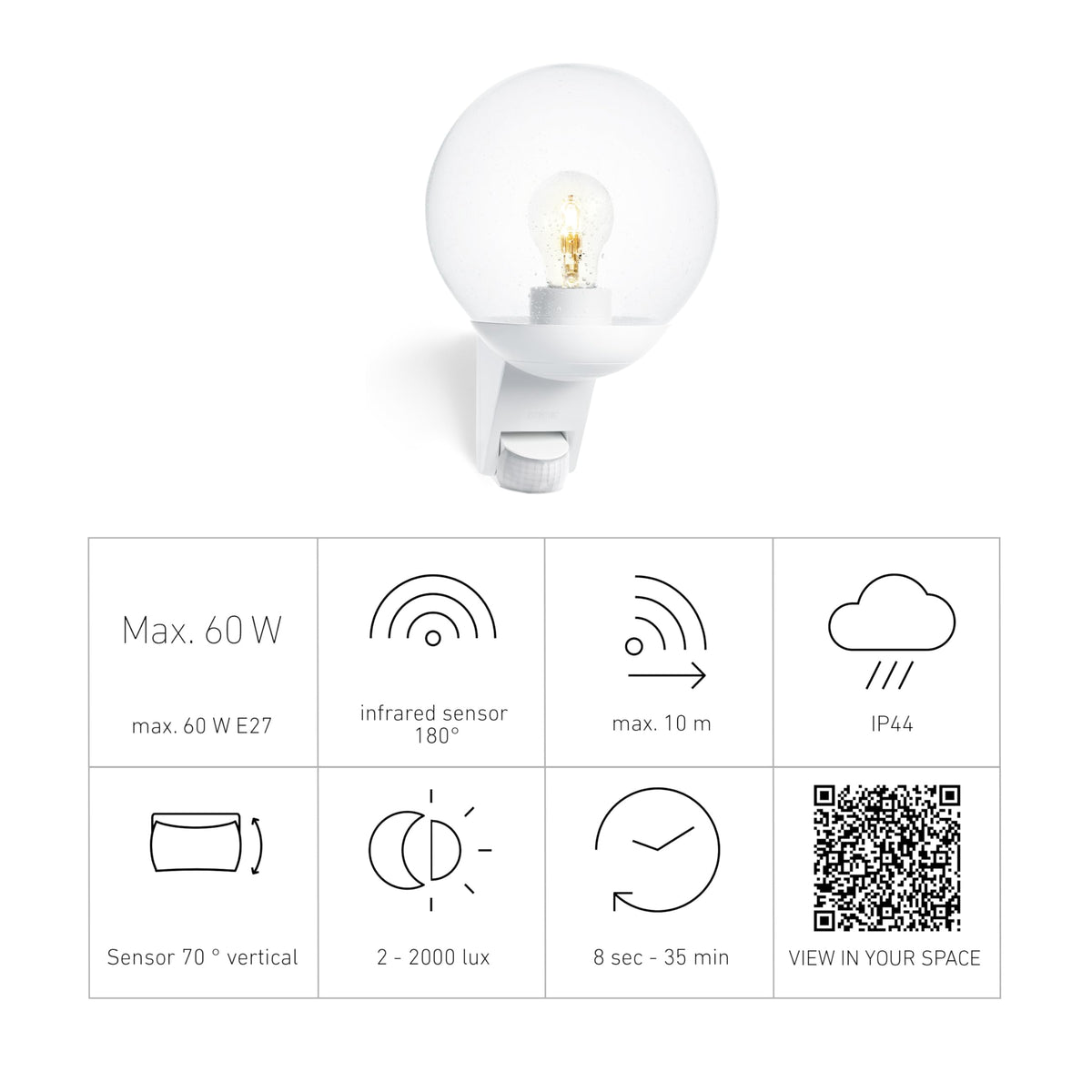 Steinel L 585 S Outdoor Wall Light White, 180 Motion Sensor, 10 m Reach, Maximum 60 W Light Bulb (Not Included), E27 Fitting