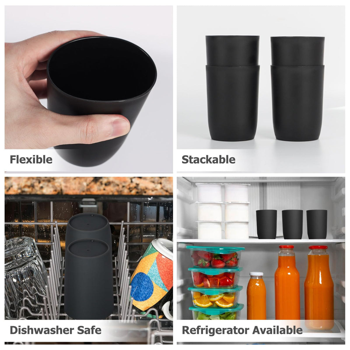 Qulable Plastic Cups Reusable Unbreakable Tumblers, Set of 4 Travel Mugs, Mouthwash Bathroom Cup Stackable, Plastic Water Cup 280ml for Adults Kids