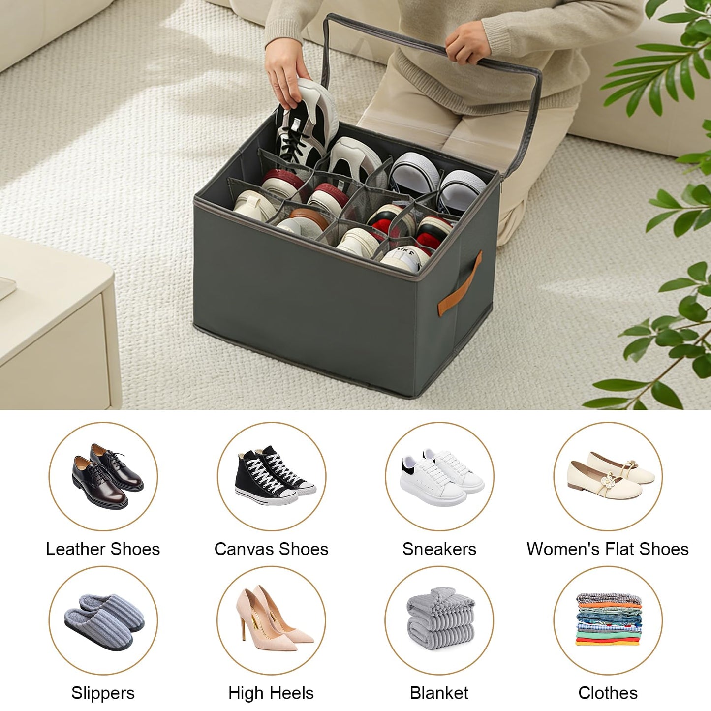 DUTIFUL Shoe Organiser Box Fits 12 Pairs Fabric Shoe Storage Box Foldable Shoes Organizer with Clear Lids Bottom Support and Reinforced Handles Shoes