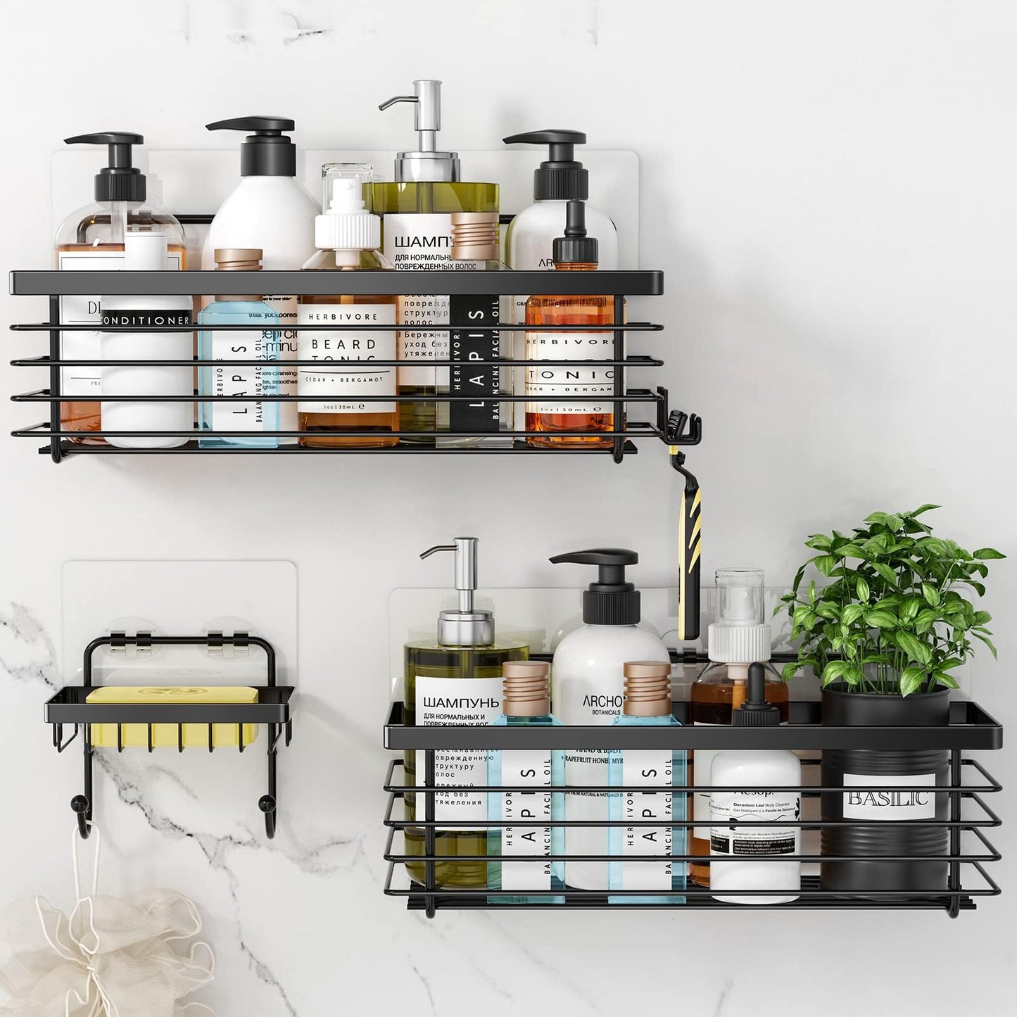 Oriware Adhesive Shower Caddy Basket with Hooks Soap Dish Holder Shelf for Shampoo Conditioner Bathroom Storage Organizer Wall Mounted No Drilling